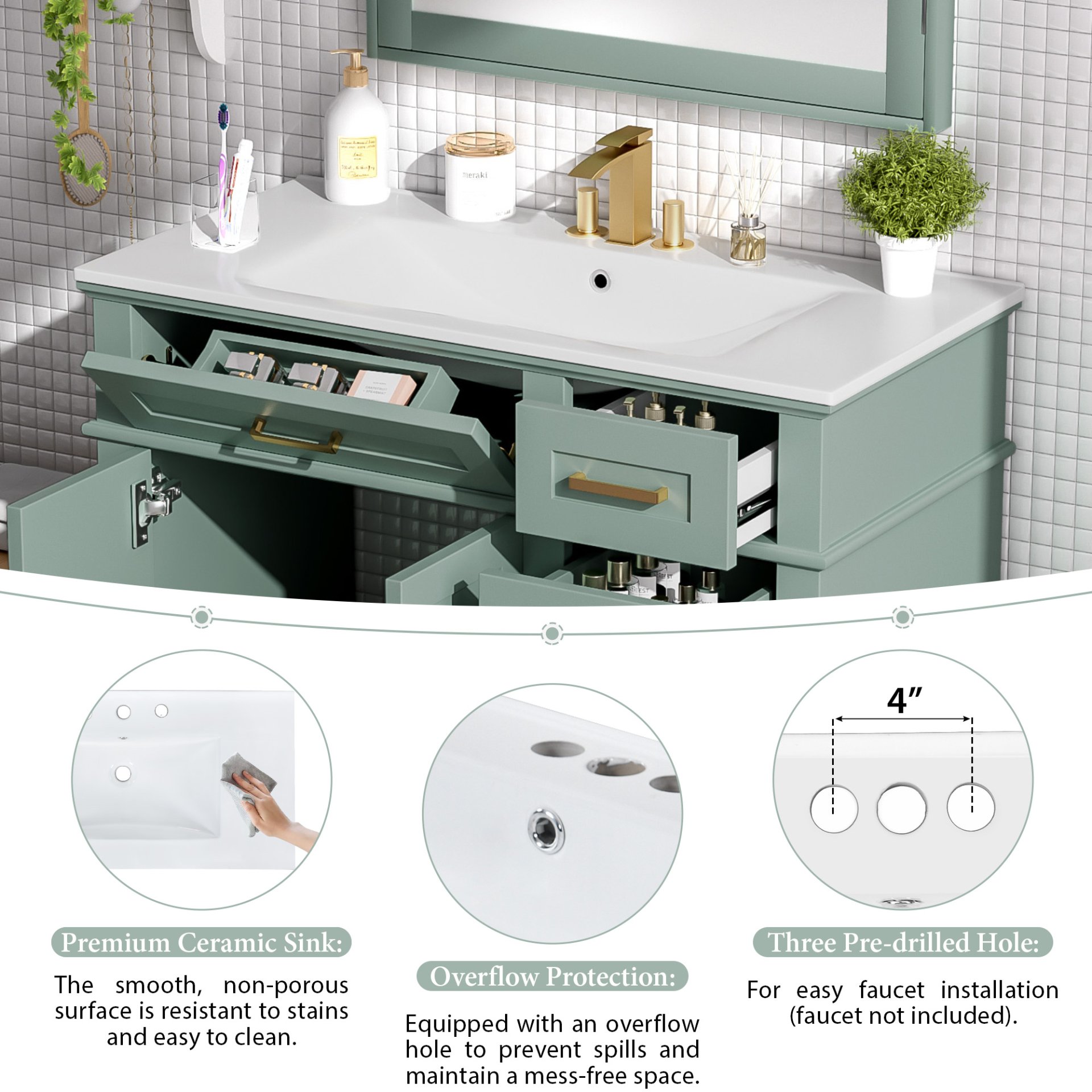 36" Bathroom Vanity With Sink, Soft Close Doors, And Storage Drawers - Green - Image 9