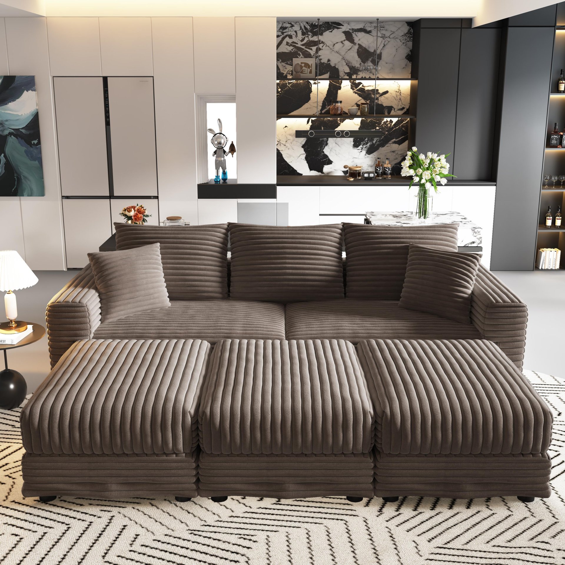 3 Seat Sofa, Deep Seat Couches With Soft Pillows And 3 Ottomans, Convertible Sofa Lounge Chair, For Living Room - Camel - Image 11