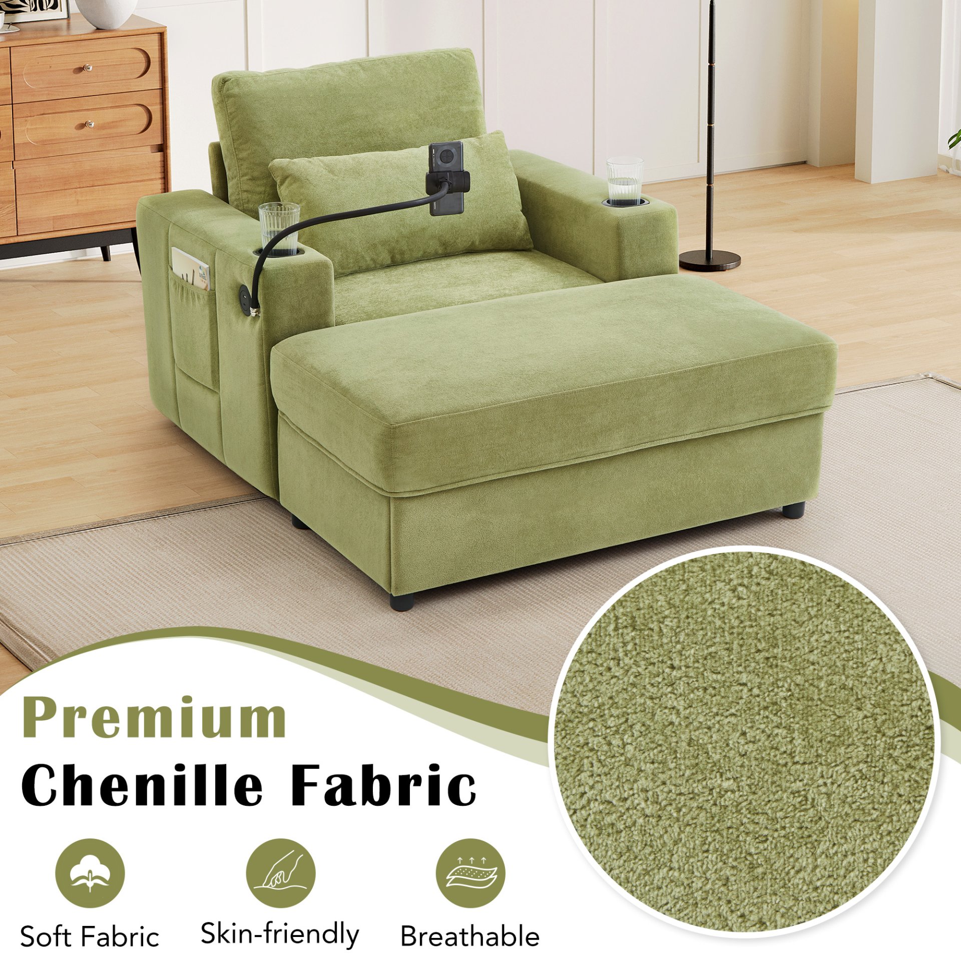 Modern Style Armchair Chaise Lounge Sofa Couch With Movable Storage Ottoman, USB Ports, Cup Holders, Phone Holder, Side Pockets - Green - Image 7