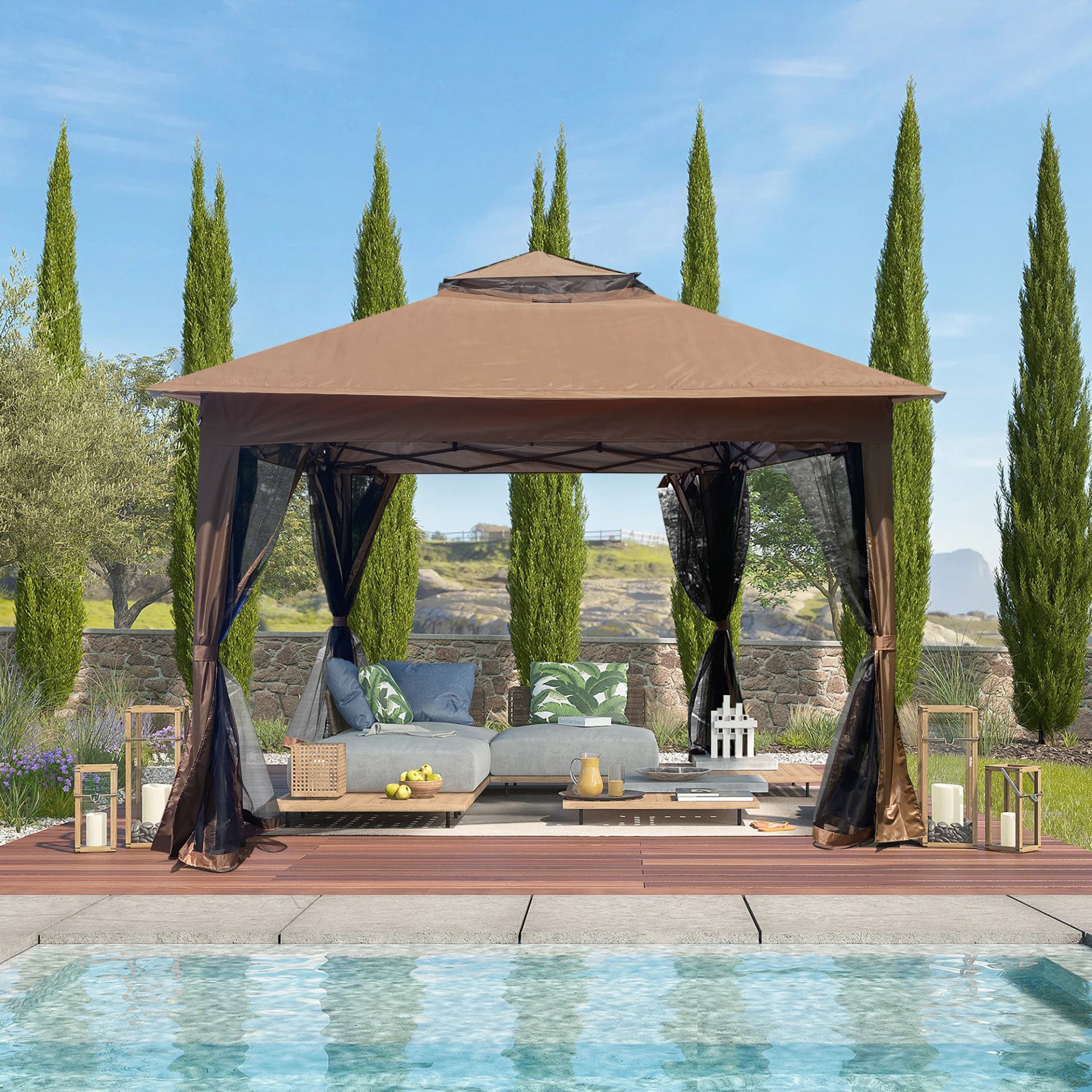 Outdoor 11X 11Ft Pop Up Gazebo Canopy With Removable Zipper Netting, 2 Tier Soft Top Event Tent, Suitable For Patio Backyard Garden Camping Area With 4 Sandbags - Brown - Image 5
