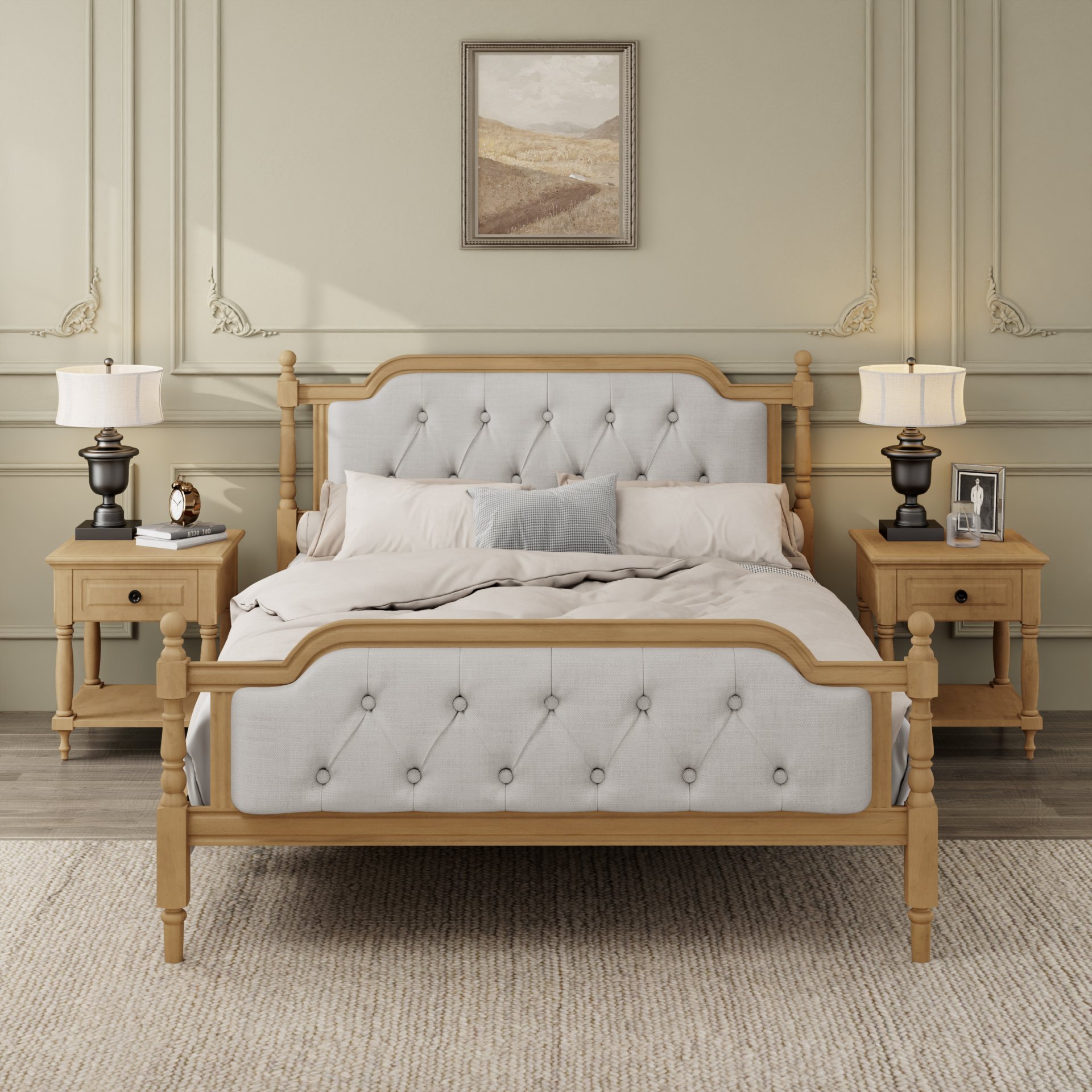 Full Size Traditional Style Solid Bed Frame With Upholstered Tufted Headboard, No Box Spring Needed - Antique Walnut - Image 9