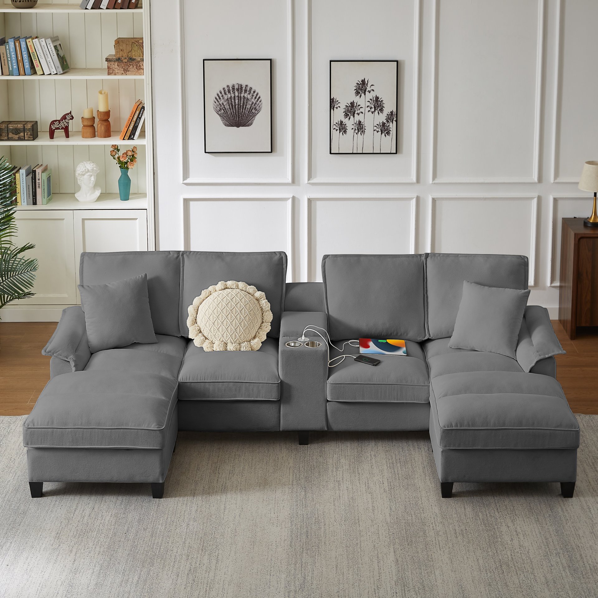 U Shaped Sectional Sofa Bed With Storage, 4 Seater, Features Cup Holders And Soft Foam Cushions - Gray - Image 4