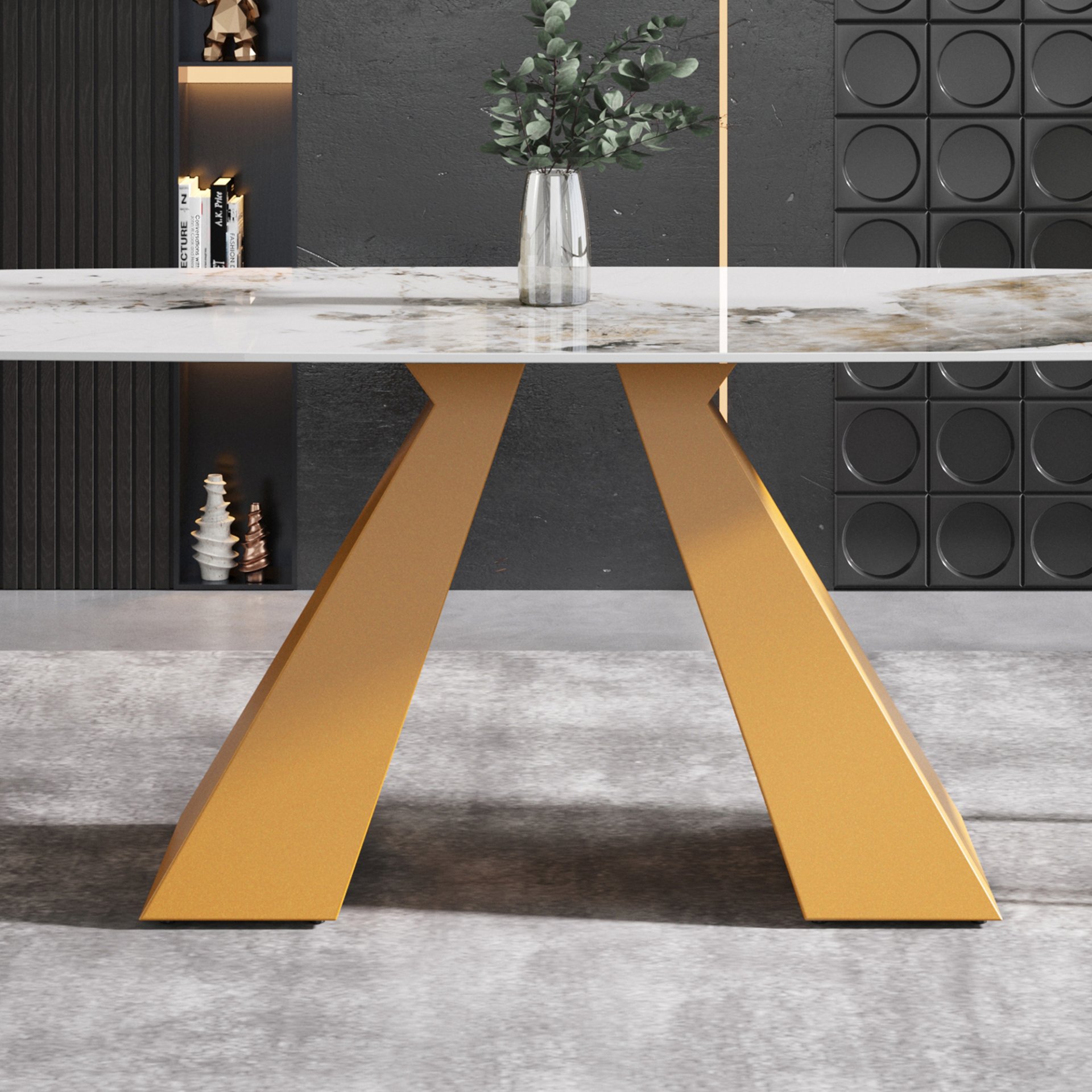 63" Modern Artificial Stone Pandora White Curved Metal Leg Dining Table, 6 People - Antique White / Gold - Image 9