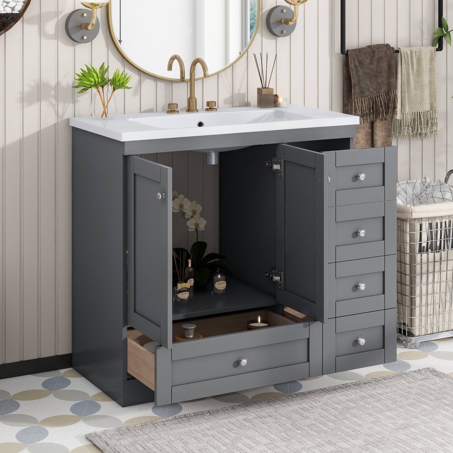 Shaker Style Free Standing Bathroom Vanity Cabinet With Sink, 4 Soft Close Drawers And 2 Soft Close Doors - Gray - Image 3