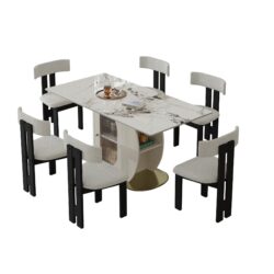 Dining Table Set With Storage, Includes 6 Chairs For Kitchen - White