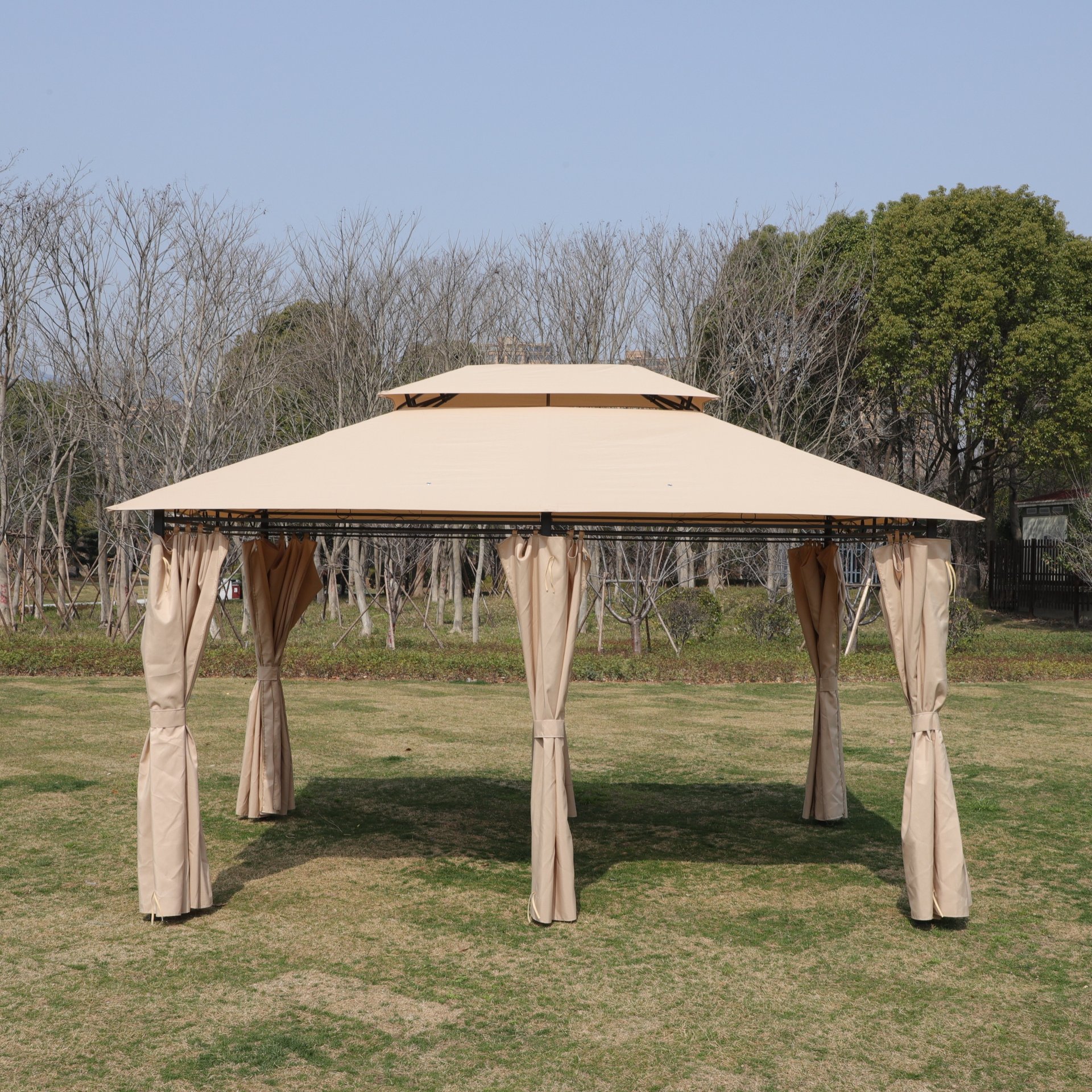 Outdoor Patio Gazebo Canopy Tent With Ventilated Double Roof And Mosquito Net, 13X10 Ft - Khaki - Image 5