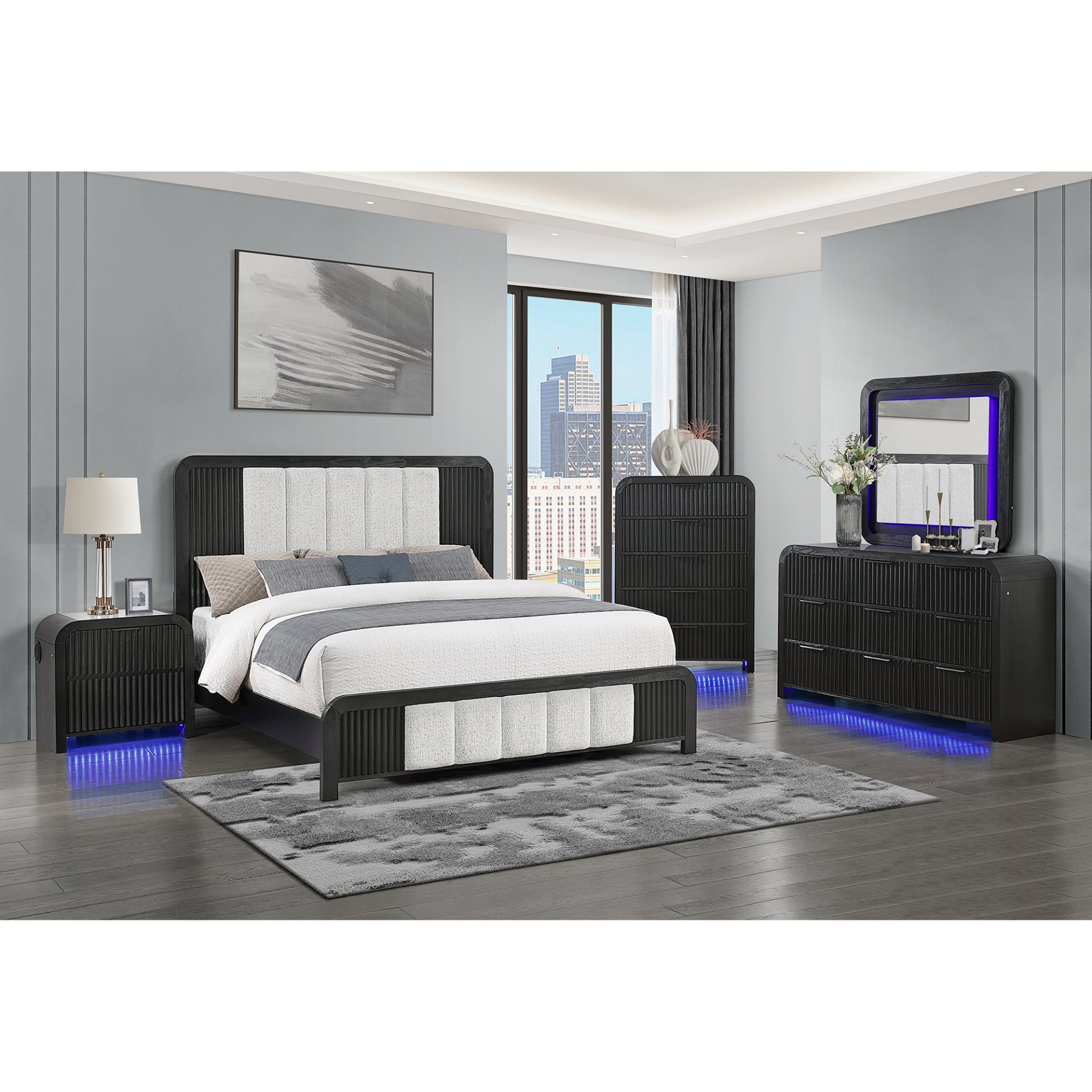Beverly - 5 Piece King Bedroom Set With Cooler, Fluted Detailing, Partial, Low Profile Design, Spacious Drawers, LED Lights - Black White - Image 2