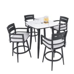 5 Pieces Modern Outdoor Patio Bar Set, Rounded Square Table & 4 Swivel Bar Chairs, Non Rust Frame, Tapered Legs, Sunbrella Cushion - Ember Black / White