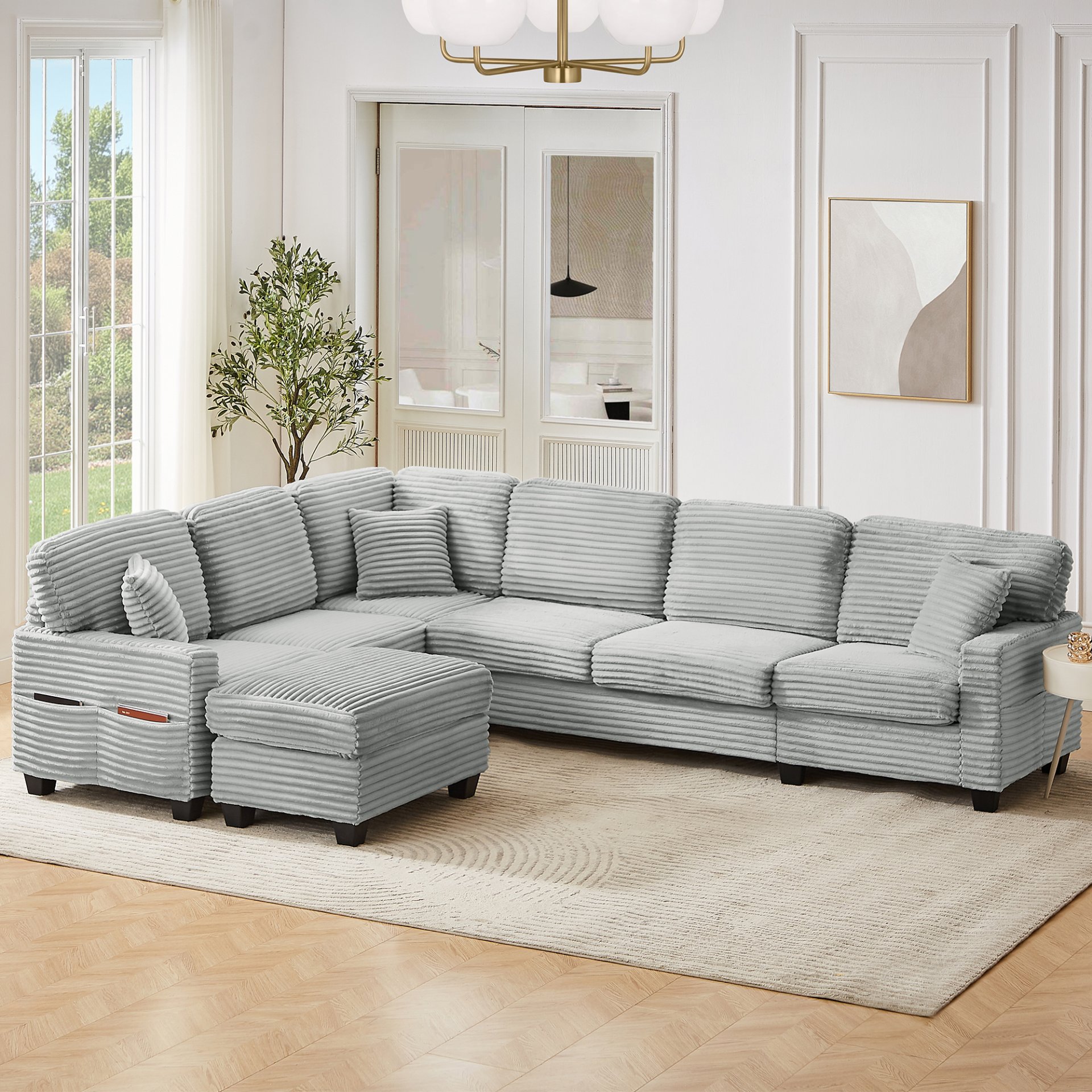 Modern U Shaped Sectional Sofa With Movable Ottoman And Side Storage Pockets Corduroy - Gray - Image 9