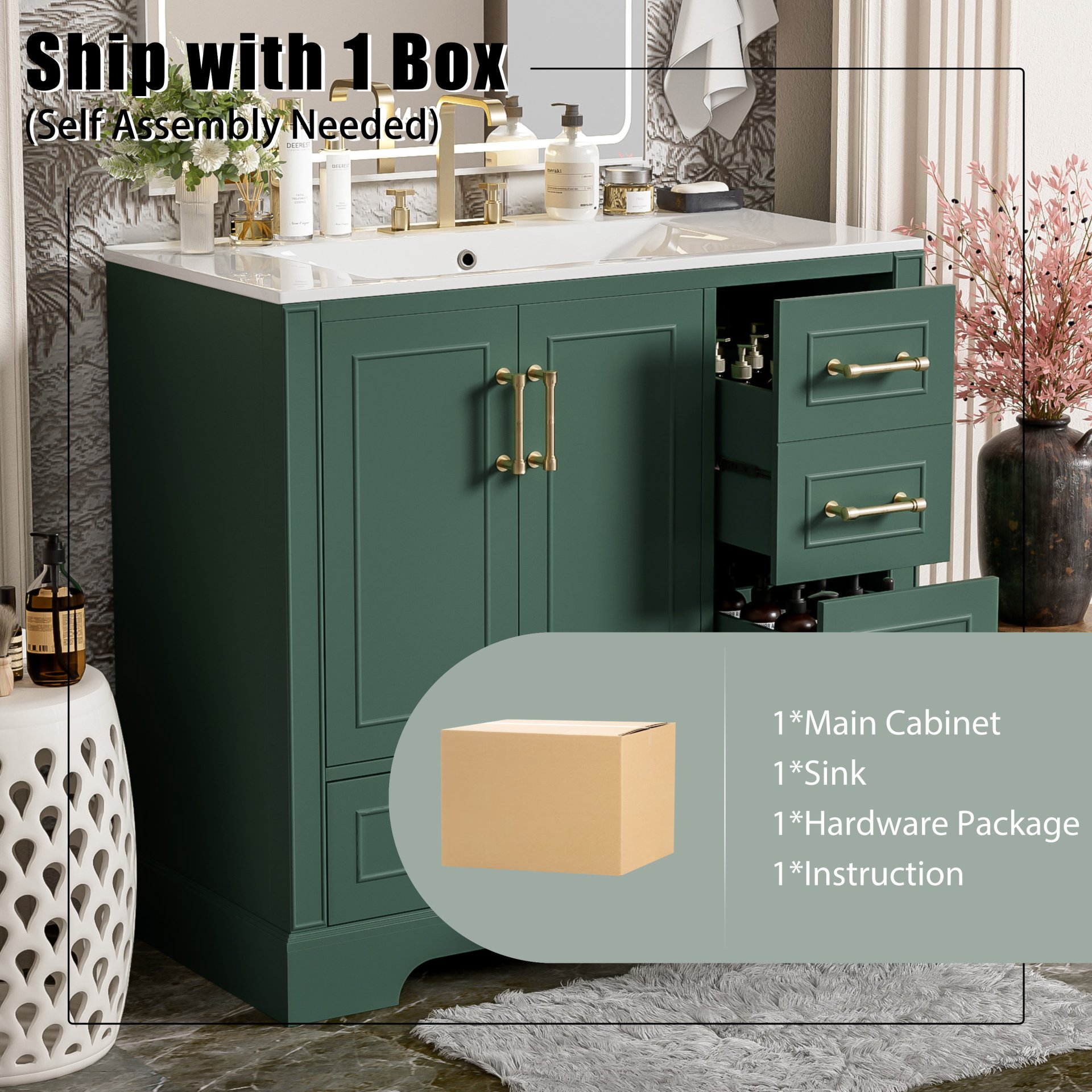 Traditional Bathroom Vanity With Sink, Soft Close Doors & Drawers, 36" - Green - Image 10