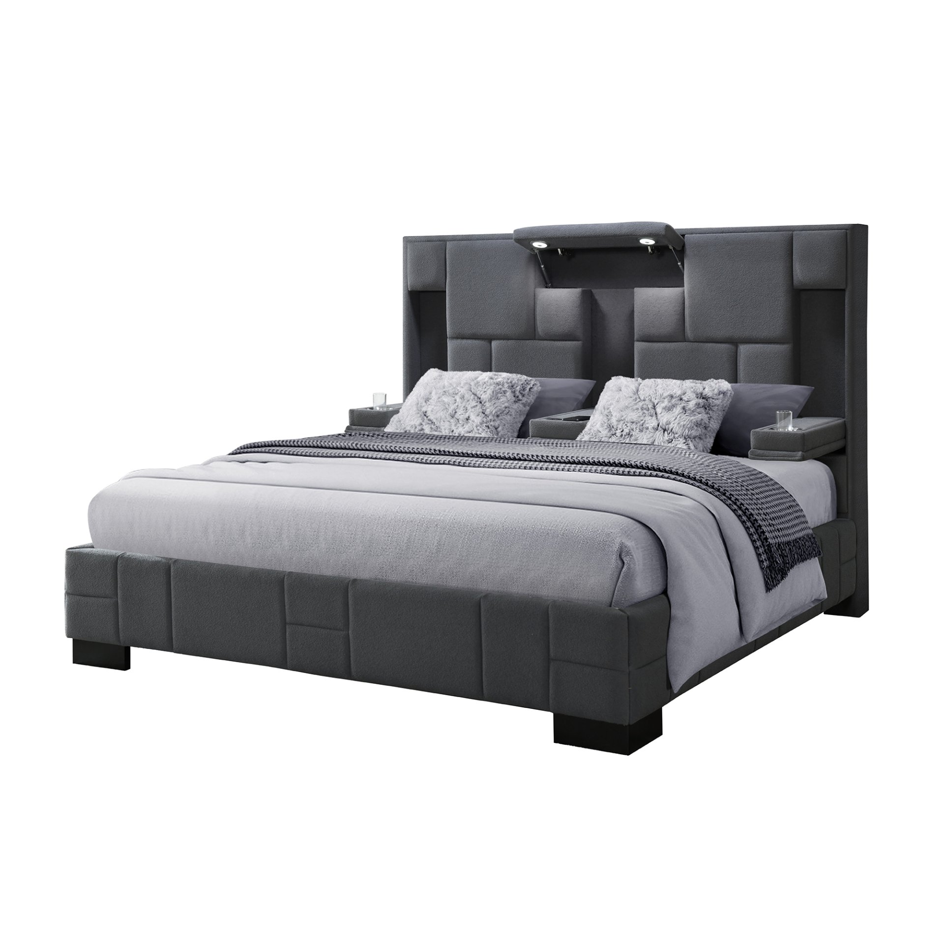 Yaris - King Bed With Wireless Charging And LED Lights - Dark Gray - Image 4