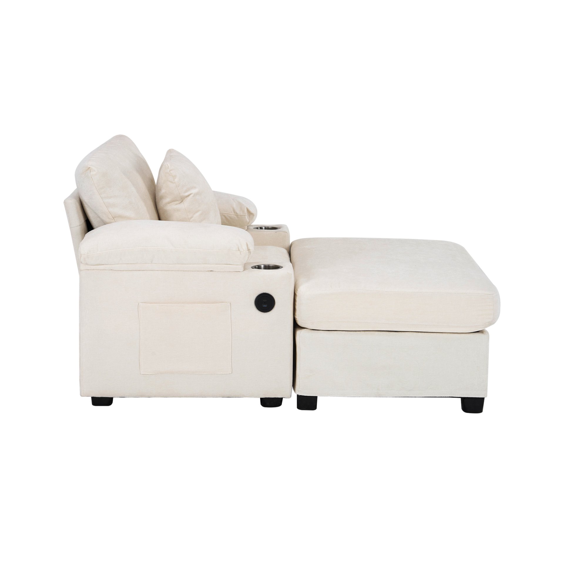 Modern Oversized Chair With Ottoman, Chenille Fabric Sofa Bed, Accent Chair Comfy Sofa With Cupholders And USB Charging Ports Chair For Living Room, Bedroom, Apartment - Beige - Image 10