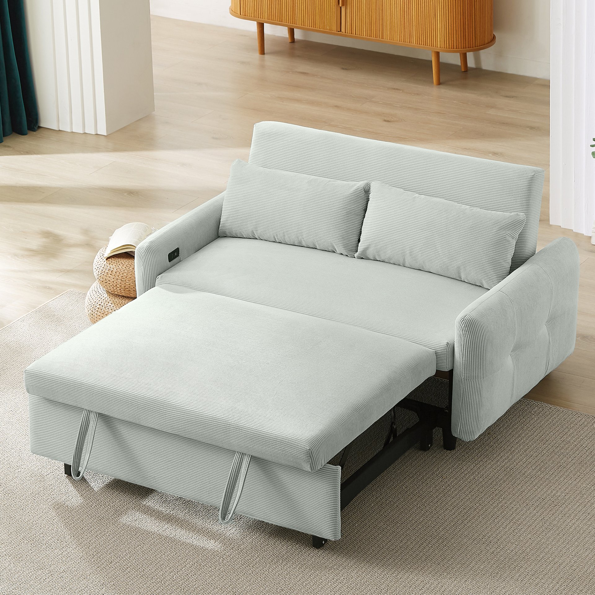 Pull Out Sofa Bed Convertible Couch 2 Seat Loveseat Sofa Modern Sleeper Sofa With 2 Throw Pillows And USB Ports For Living Room - Light Gray Green - Image 3