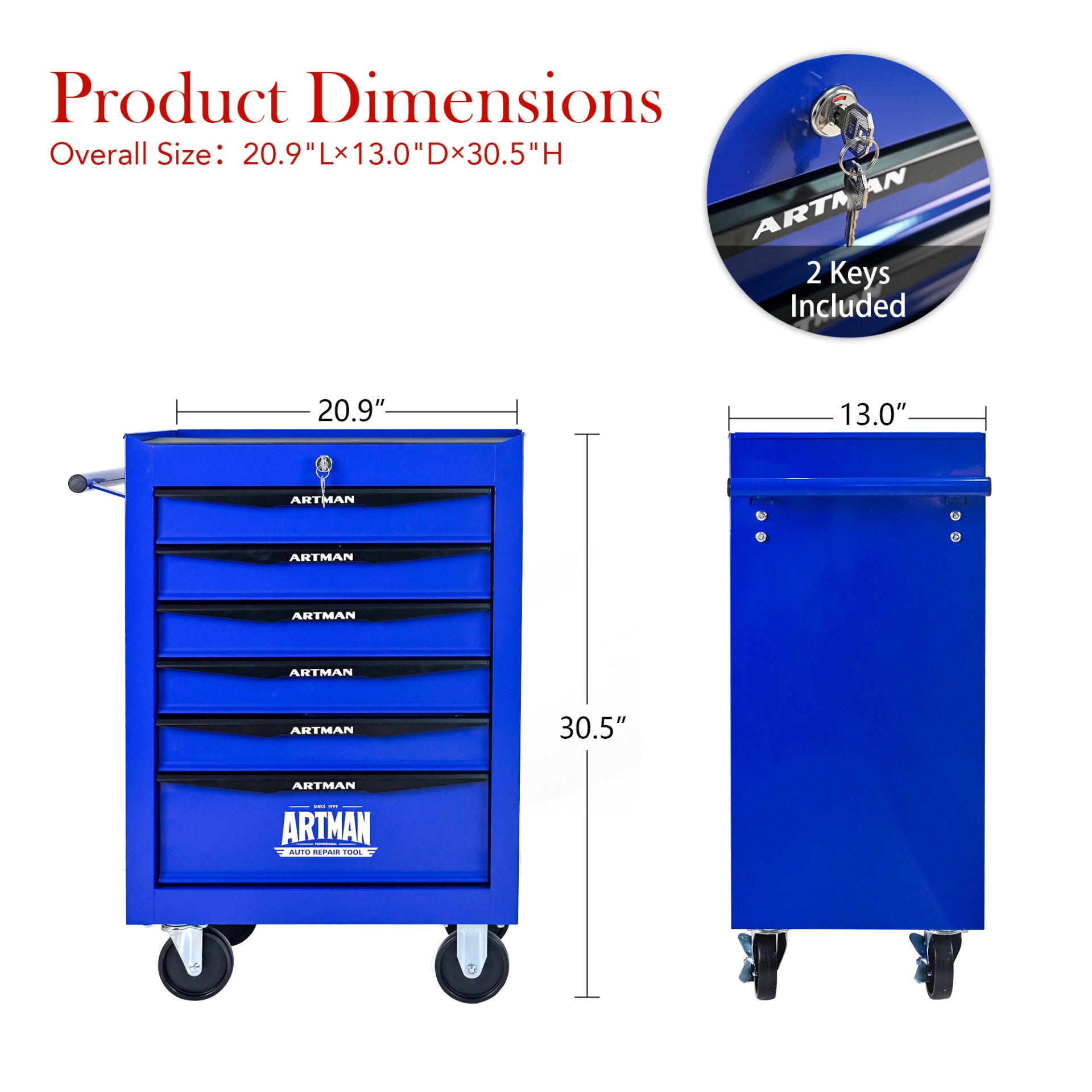 Rolling Metal Tool Chest With 6 Drawers, 20" Steel Storage Cabinet With Ball Bearing Slides - Black / Blue - Image 3