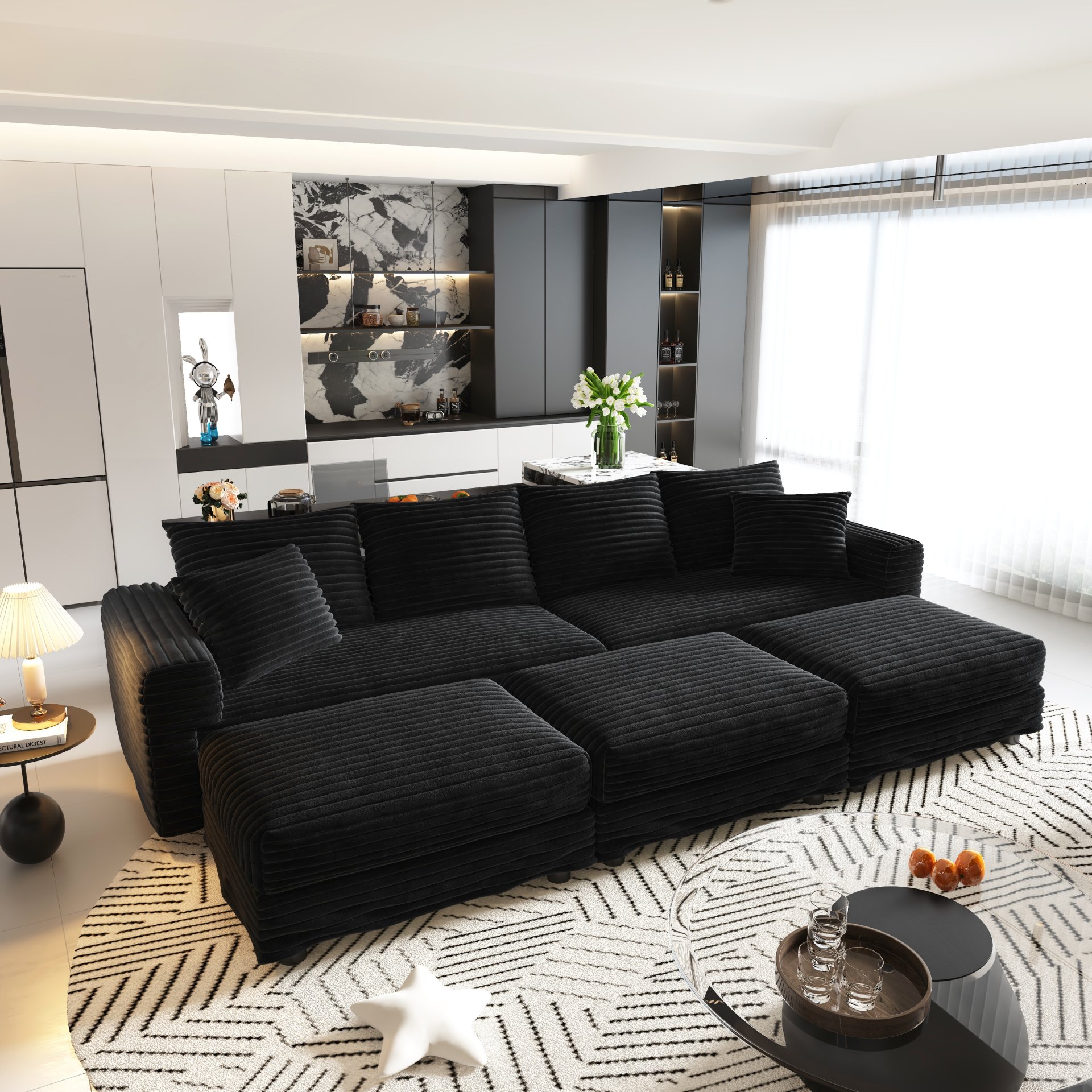 4 Seat Sofa, Deep Seat Couches With Soft Pillows And 3 Ottomans, Convertible Sofa Lounge Chair, For Living Room - Black - Image 9