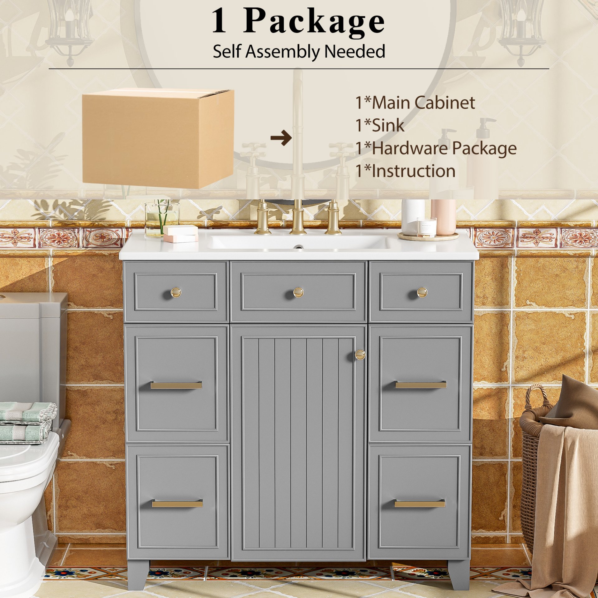 Bathroom Vanity With Sink, Soft Close Doors, Adjustable Shelves, 36" - Gray - Image 10