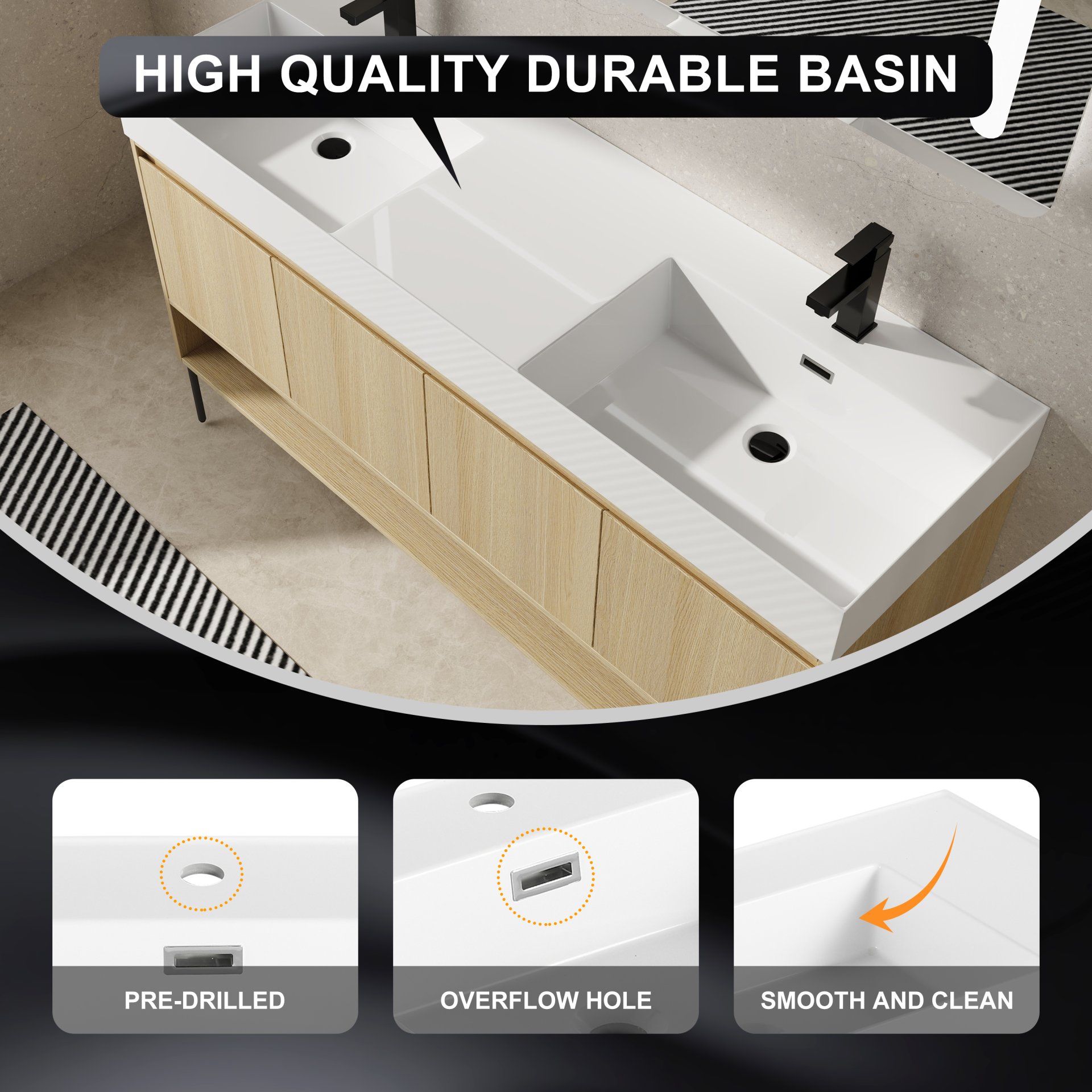 Modern 60" Bathroom Vanity Combo With Single Resin Sink And Storage Cabinet - Oak - Image 5