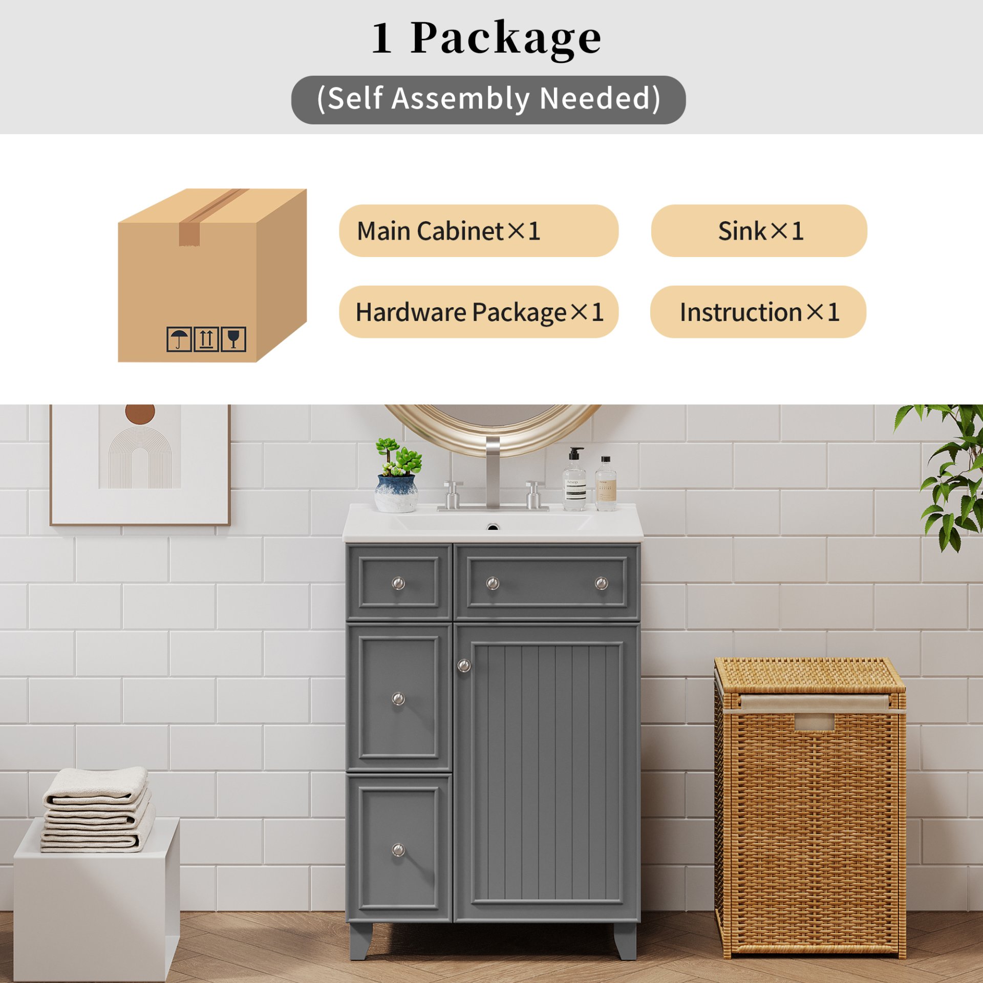 Transitional Bathroom Vanity Cabinet With Sink, 2 Drawers, 1 Soft Close Door - Gray - Image 9