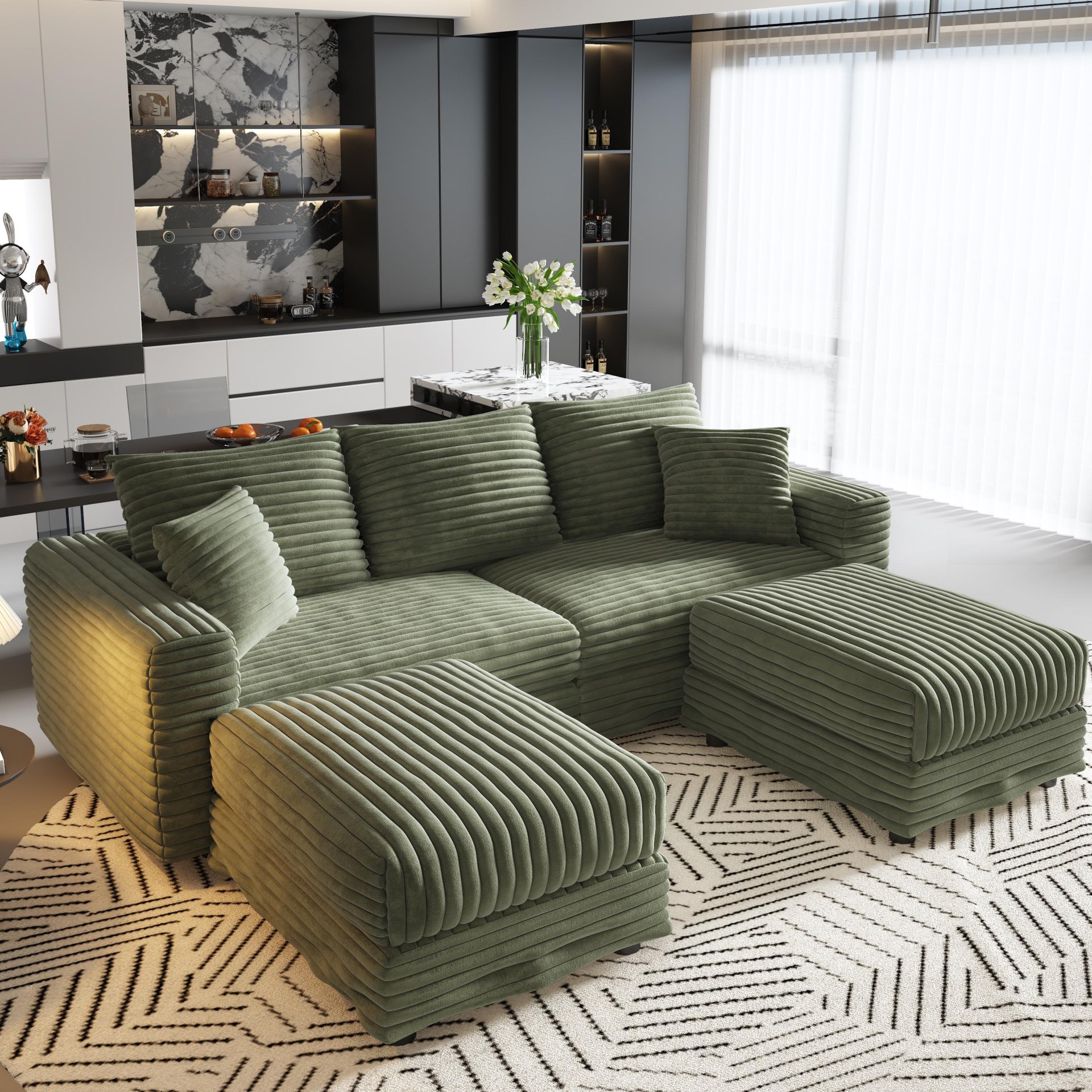 3 Seat Sofa, Deep Seat Couches With Soft Pillows And 2 Ottomans, Convertible Sofa Lounge Chair, For Living Room - Green - Image 15