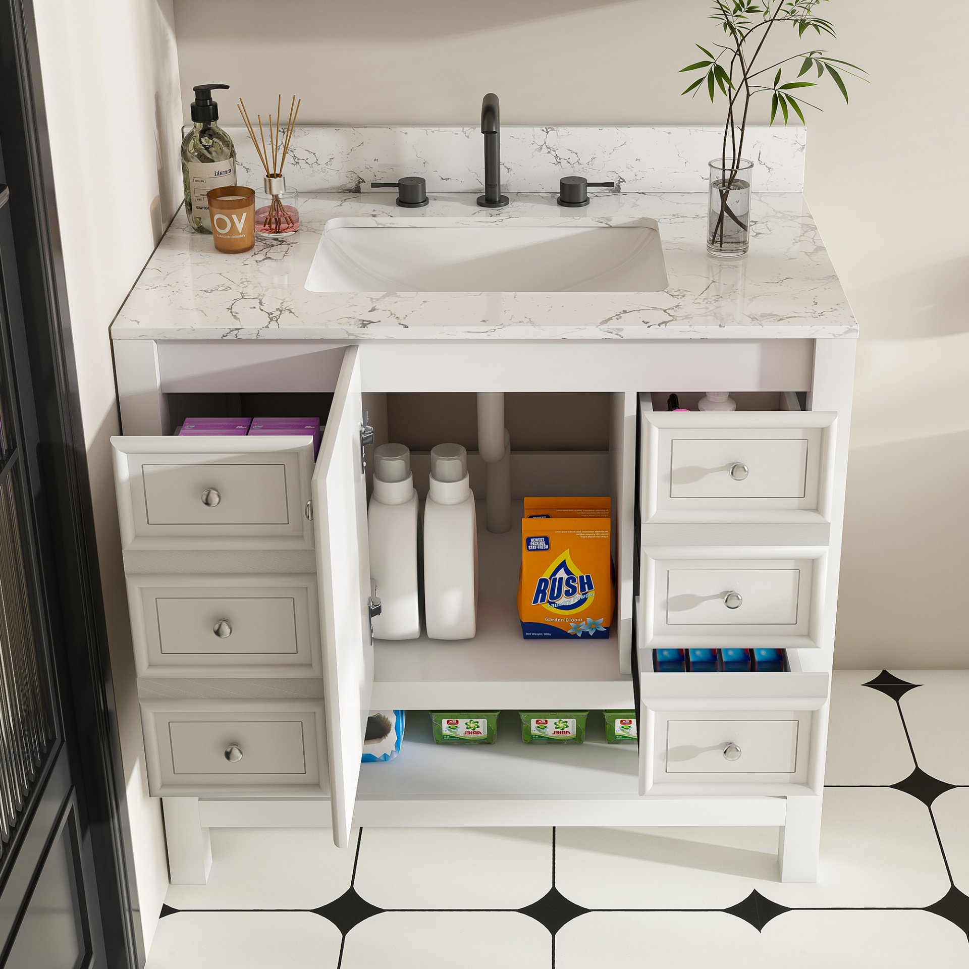 37" Bathroom Vanity With Artificial Marble Carrara Top, Multi Functional Cabinet With Doors And Drawer - White - Image 5
