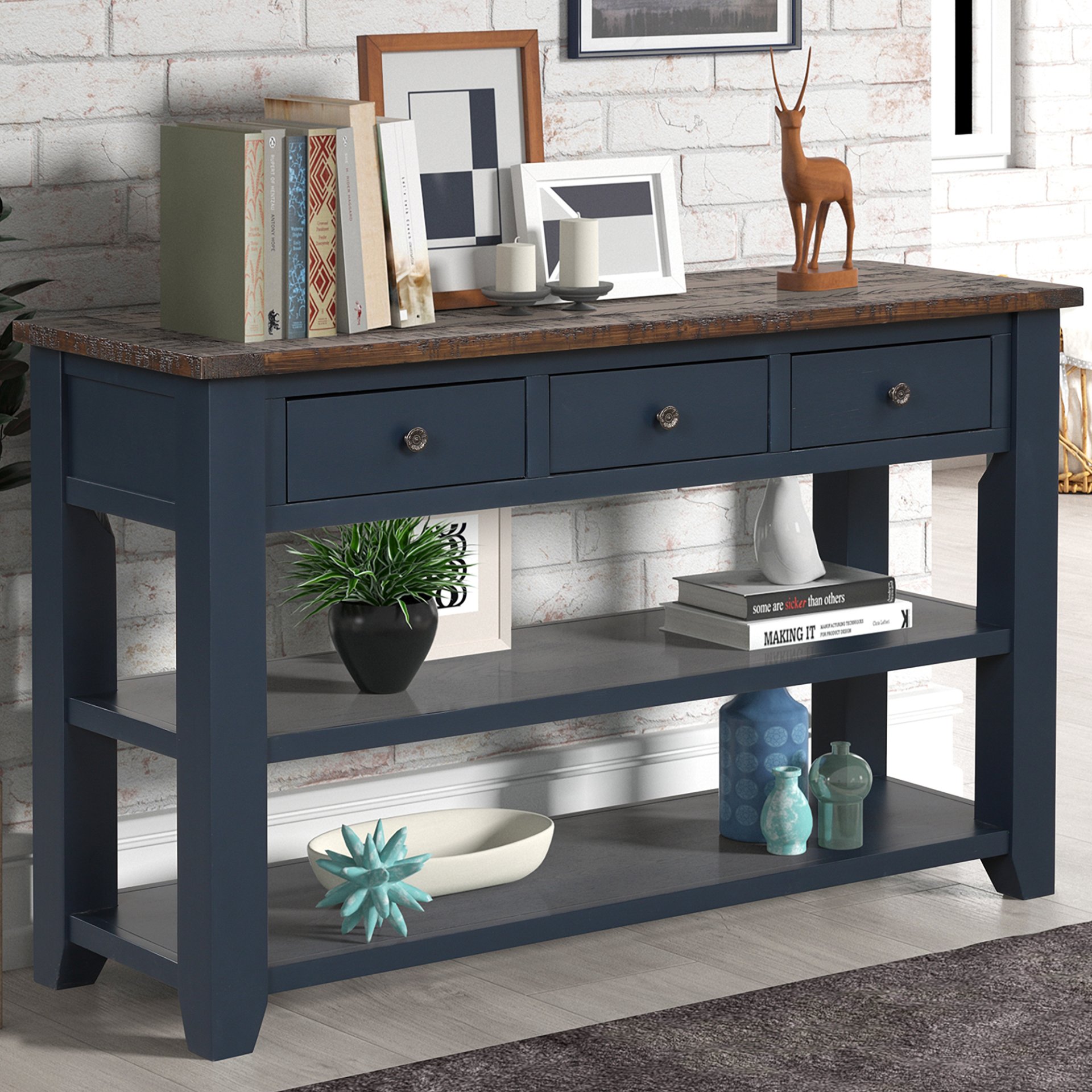 49'' Rectangular Solid 3 Drawer 2 Shelf Console Table - Blue - Image 4