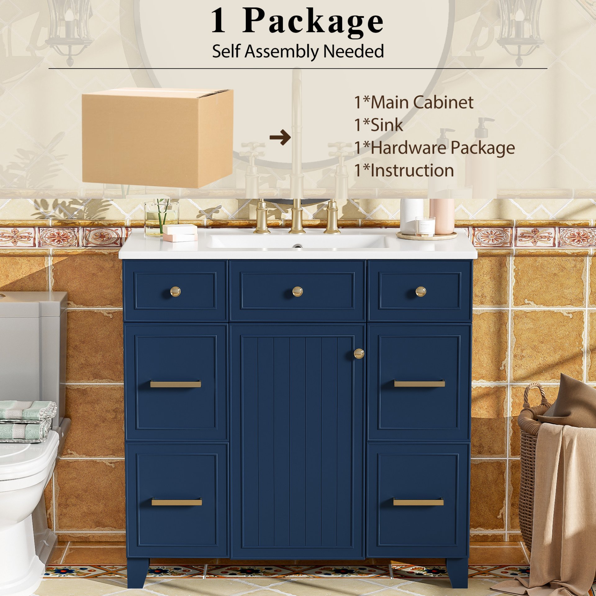 Bathroom Vanity With Sink, Soft Close Doors, Adjustable Shelves - Blue - Image 11