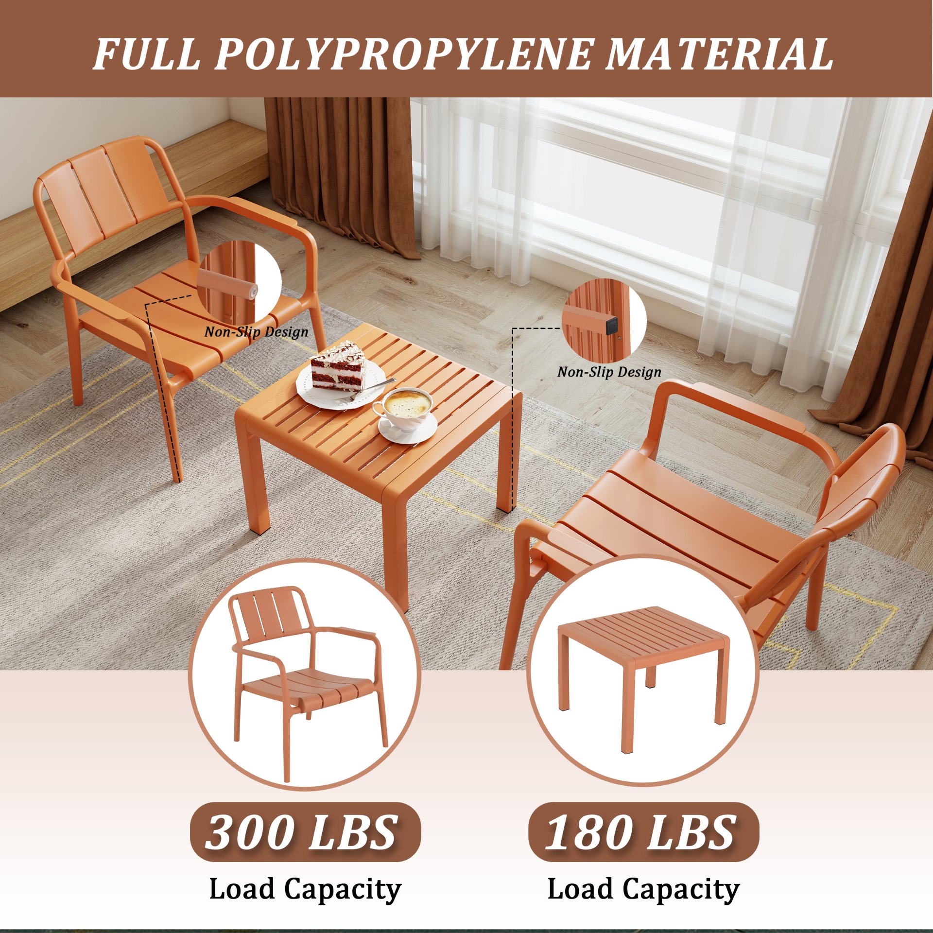 3 Piece Indoor / Outdoor Leisure Table And Chair Set (2 Chairs And 1 Coffee Table), UV Resistant, Waterproof And Durable - Apricot Brown - Image 8