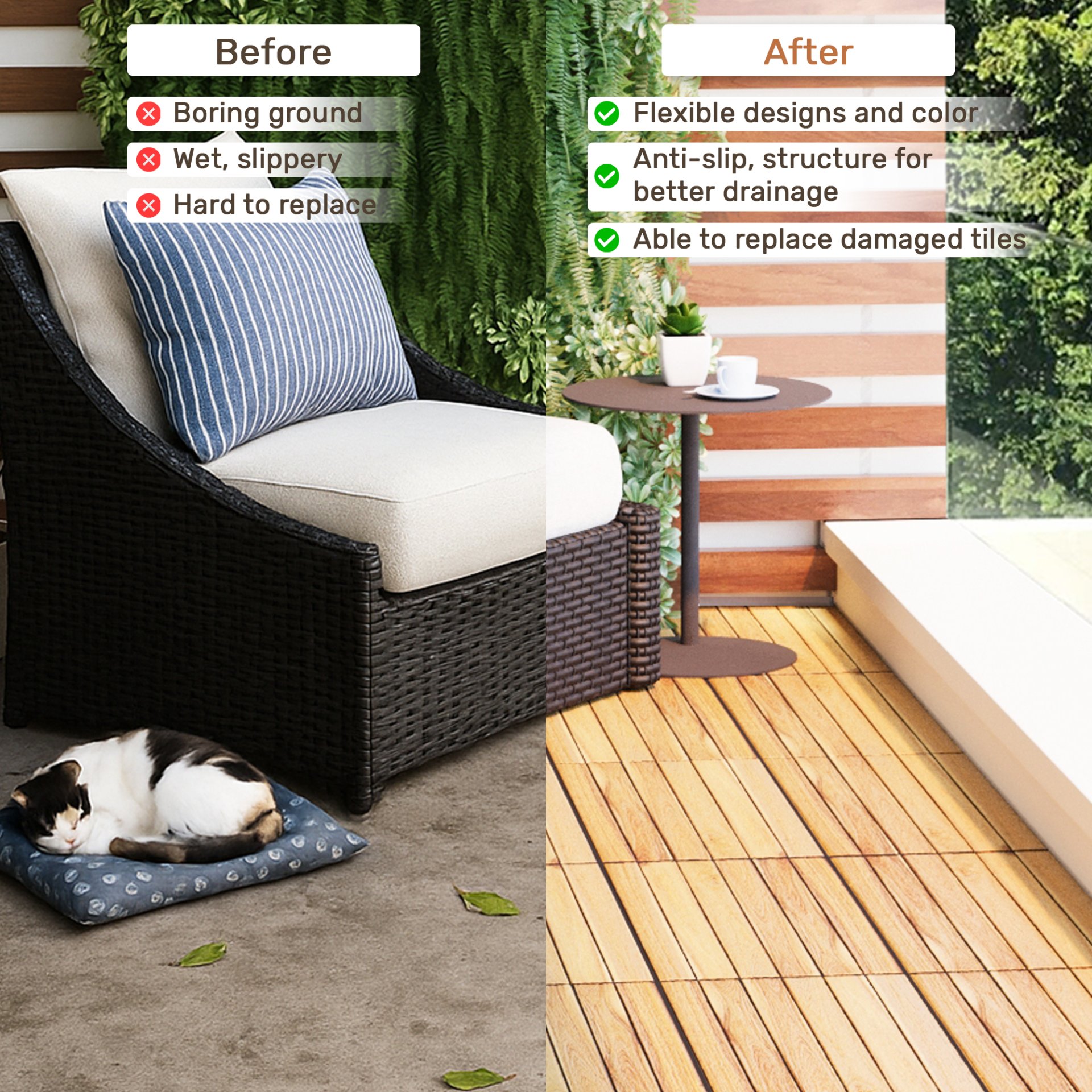 10 Piece Interlocking Deck Tiles Striped Pattern, Square Acacia Hardwood Outdoor Flooring For Patio, Bancony, Pool Side - Yellow - Image 33