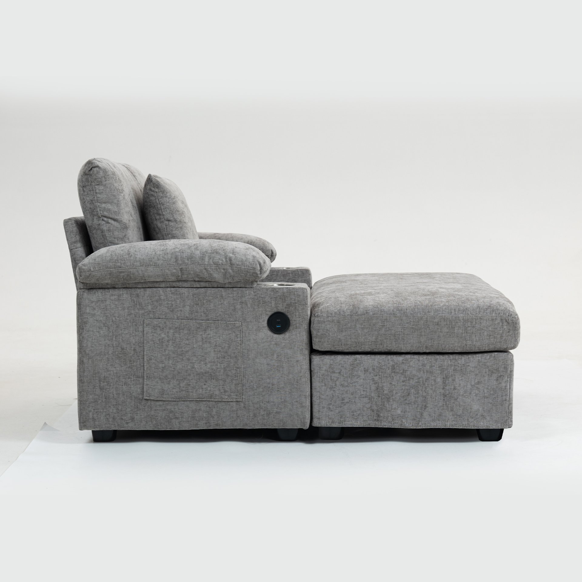 Modern Oversized Chair With Ottoman, Chenille Fabric Sofa Bed, Accent Chair Comfy Sofa With Cupholders And USB Charging Ports Chair For Living Room - Gray - Image 9