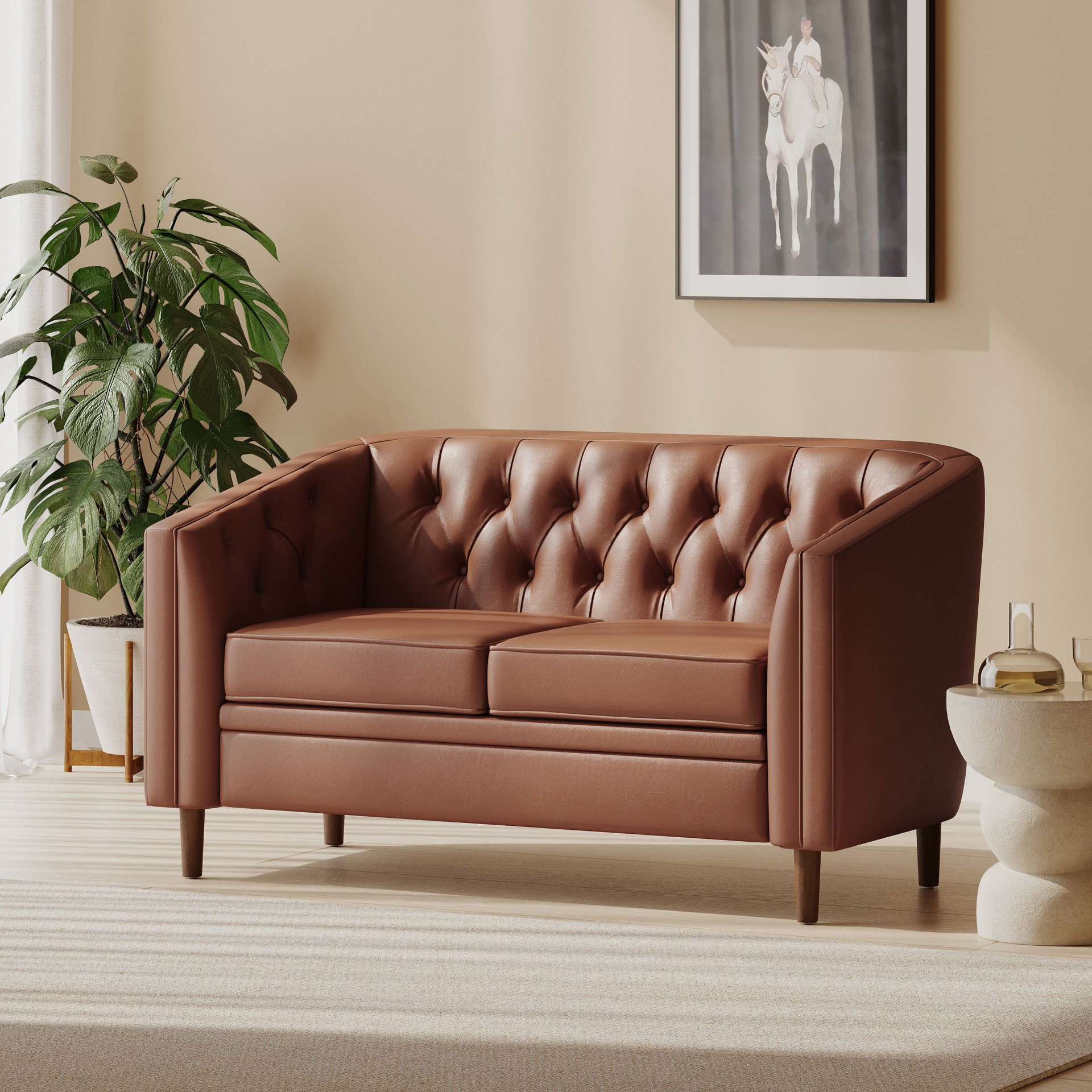 Sophisticated Loveseat With Diamond Stitched Detailing - Light Brown - Image 4