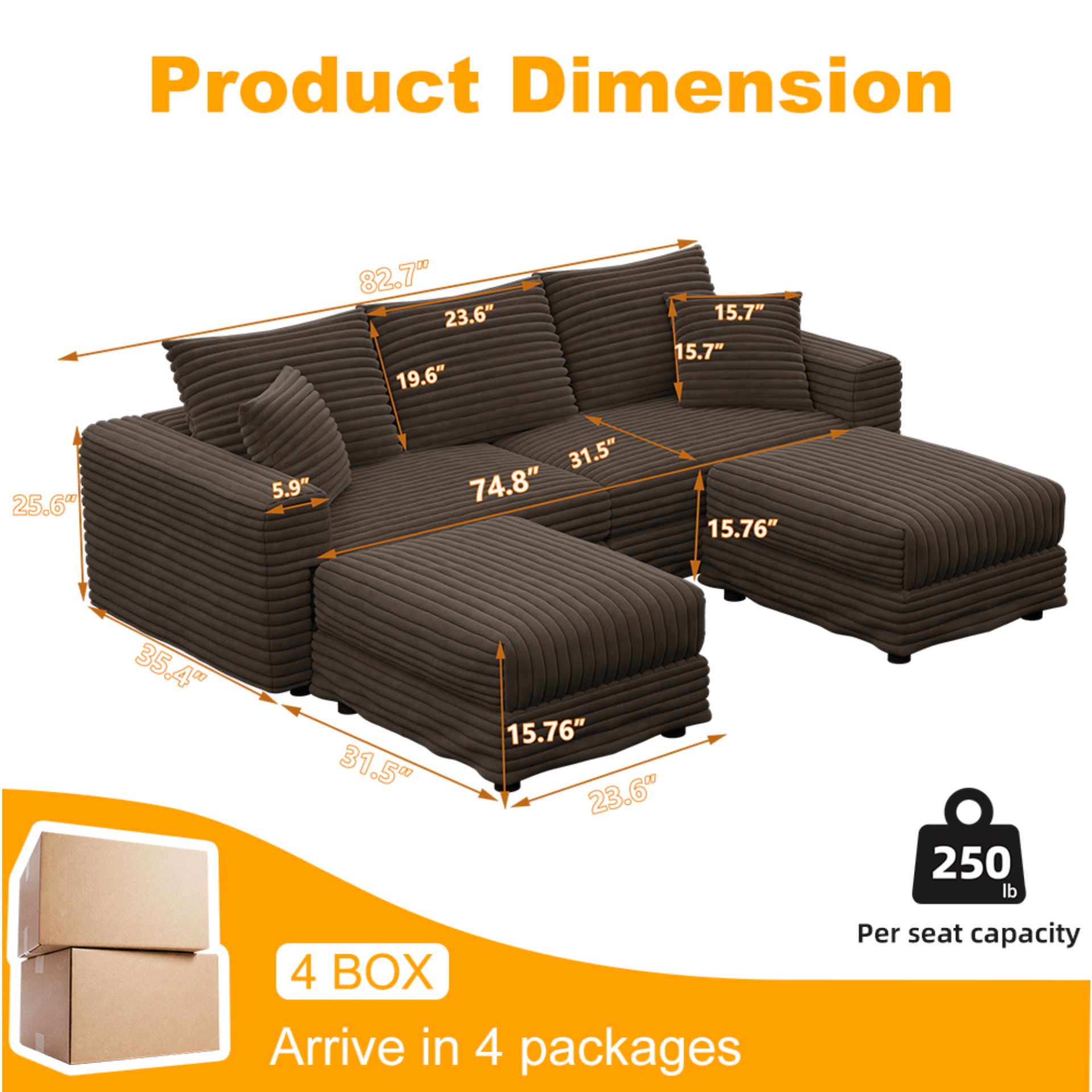 3 Seat Sofa, Deep Seat Couches With Soft Pillows And 2 Ottomans, Convertible Sofa Lounge Chair, For Living Room - Camel - Image 14