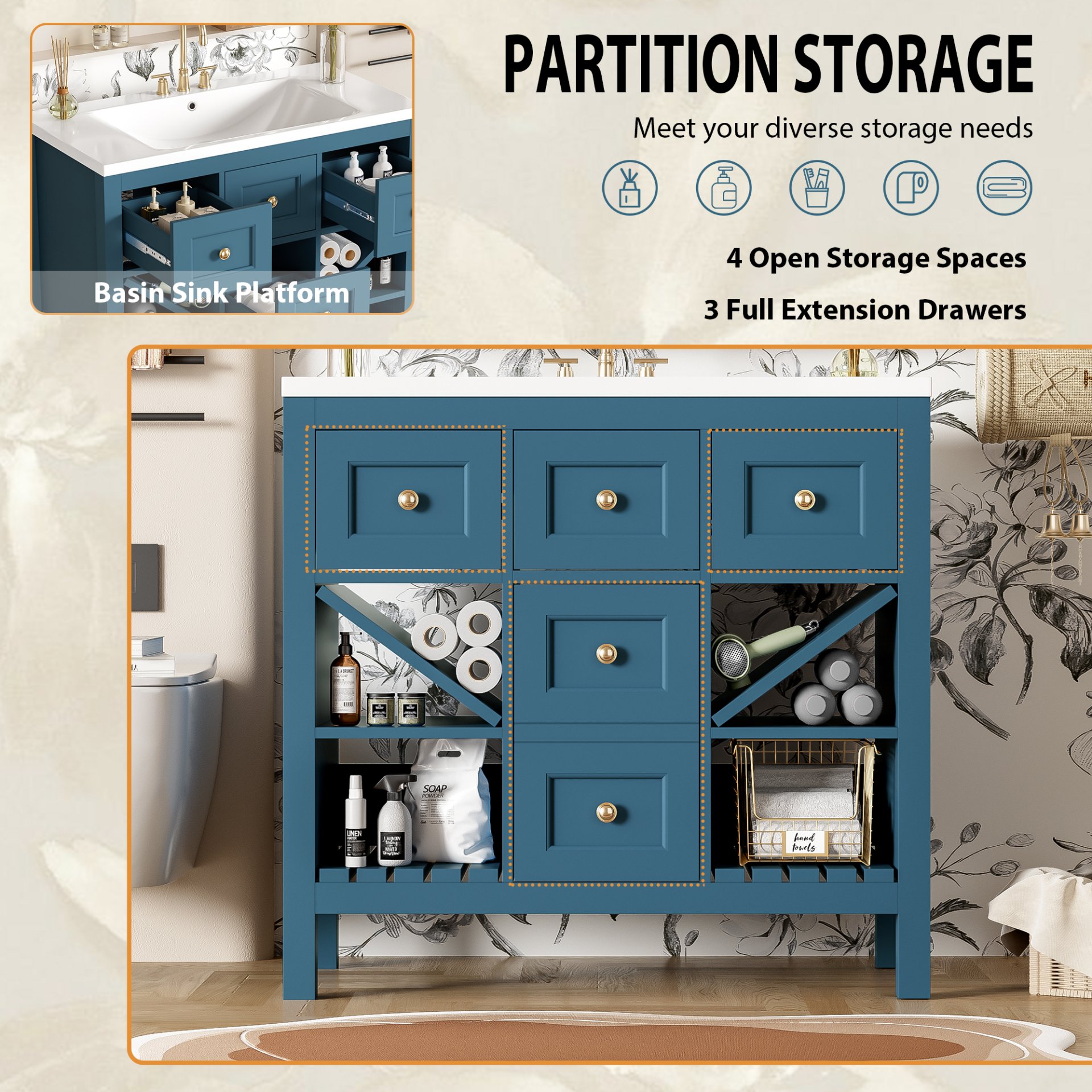 Bathroom Vanity With Resin Sink Combo, Frame Bathroom Storage Cabinet, Freestanding Vanity Set, 5 Drawers & Soft Closing Doors - Blue - Image 5