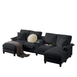 U Shaped Sectional Sofa Bed With Storage, 4 Seater, Features Cup Holders And Soft Foam Cushions - Black