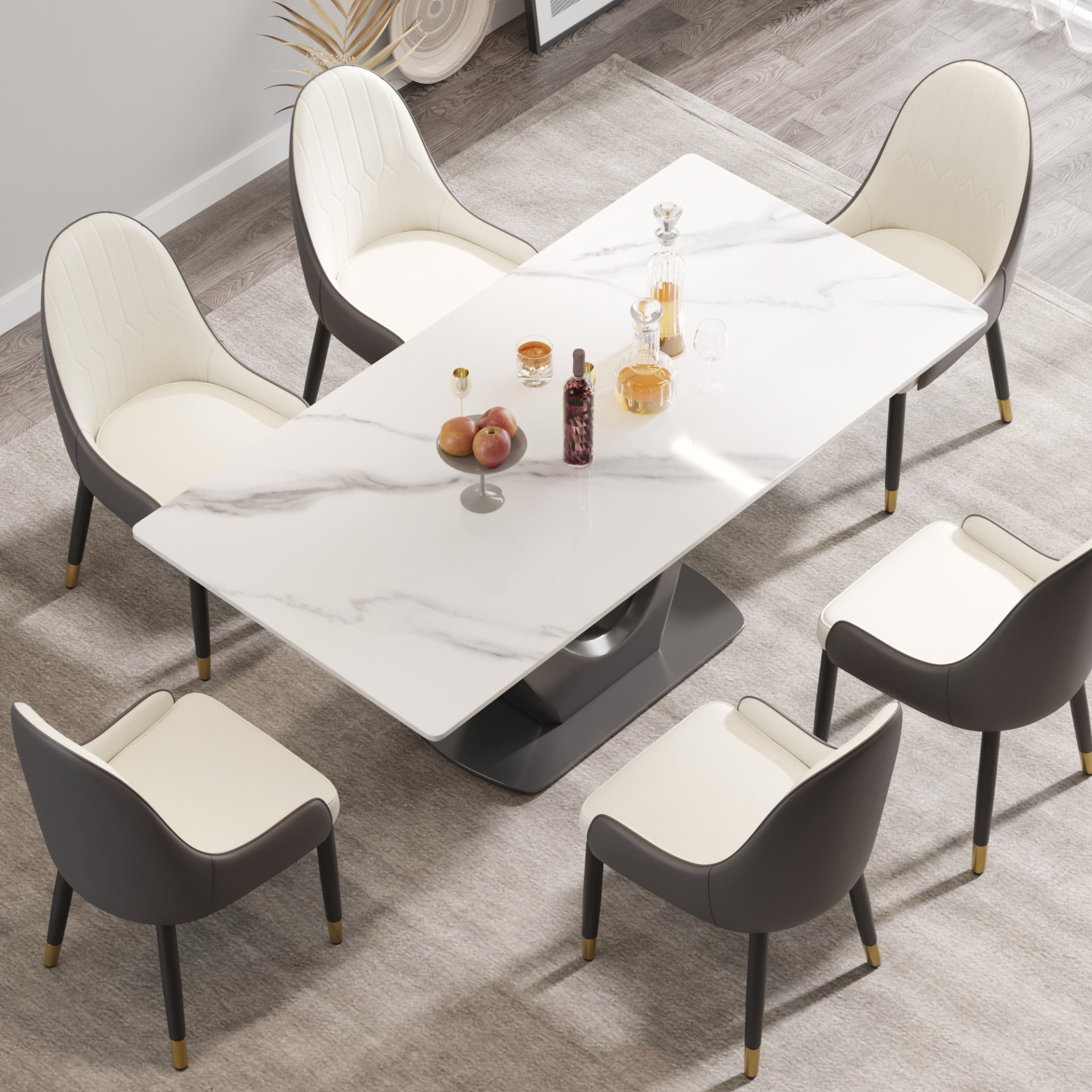 70.84" Modern Artificial Stone Panel V-Shaped Metal Legs, Can Accommodate 6-8 People - White / Gray - Image 4