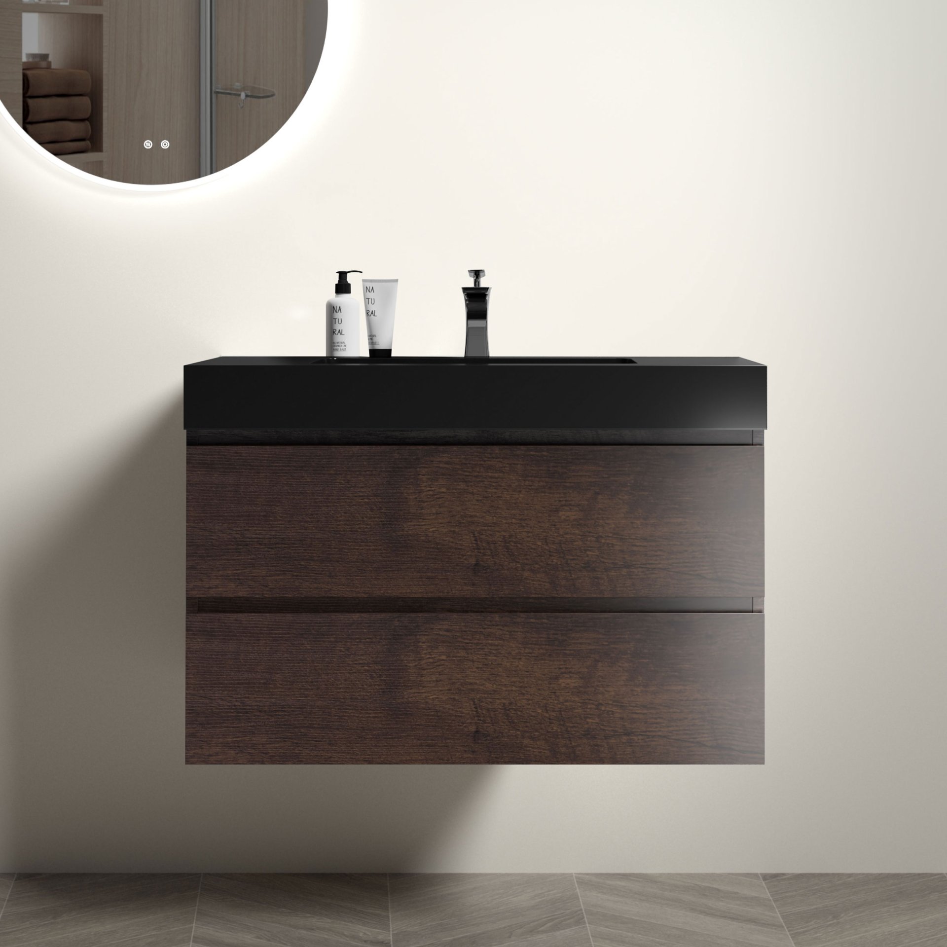 Alice - 36" Bathroom Vanity With Sink, Large Storage Wall Mounted Floating Bathroom Vanity For Modern Bathroom, One-Piece Sink Basin Without Drain And Faucet - Walnut / Black - Image 2