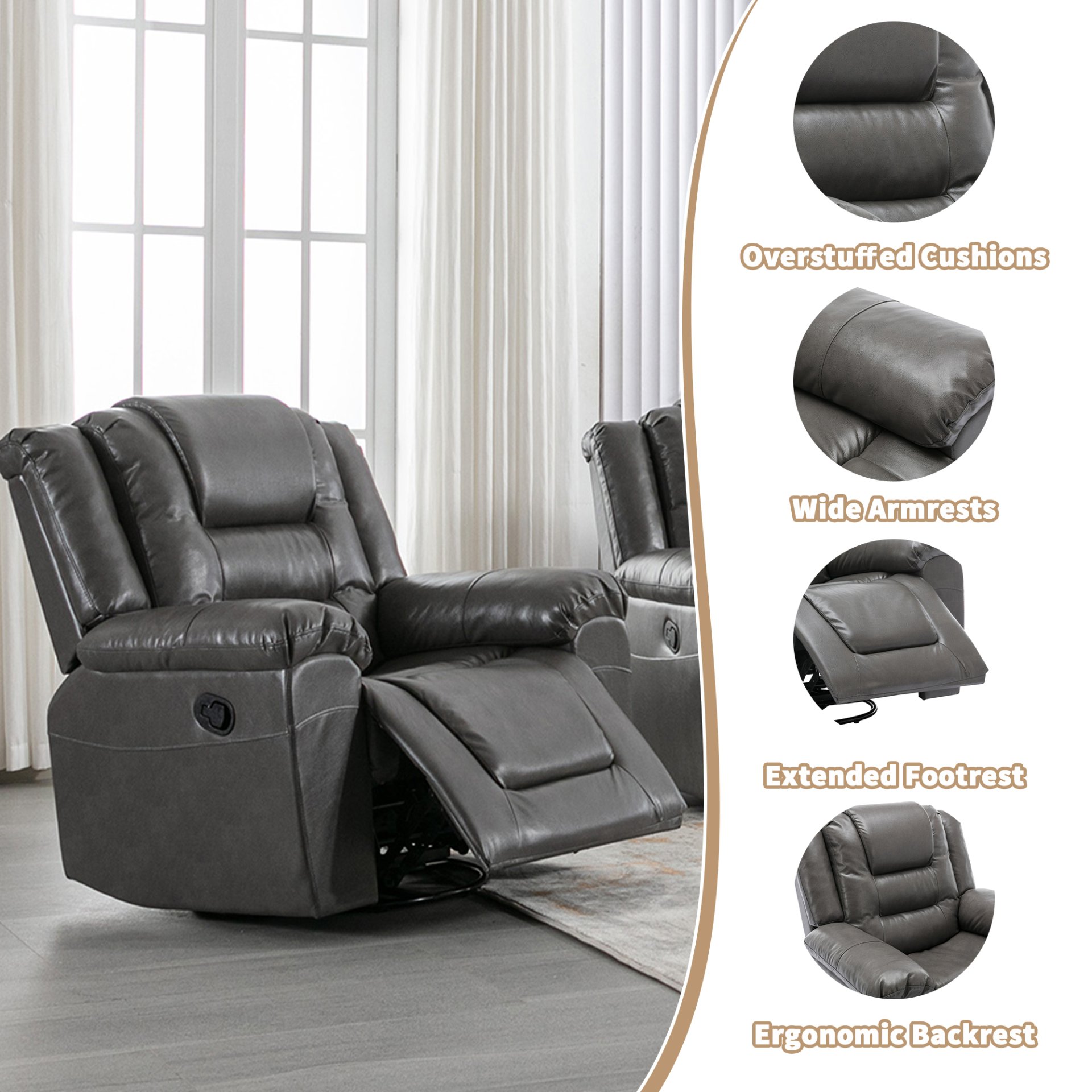 3 Seater Home Theater Recliner Manual Recliner Chair With Two Built-In Cup Holders For Living Room - Gray - Image 5