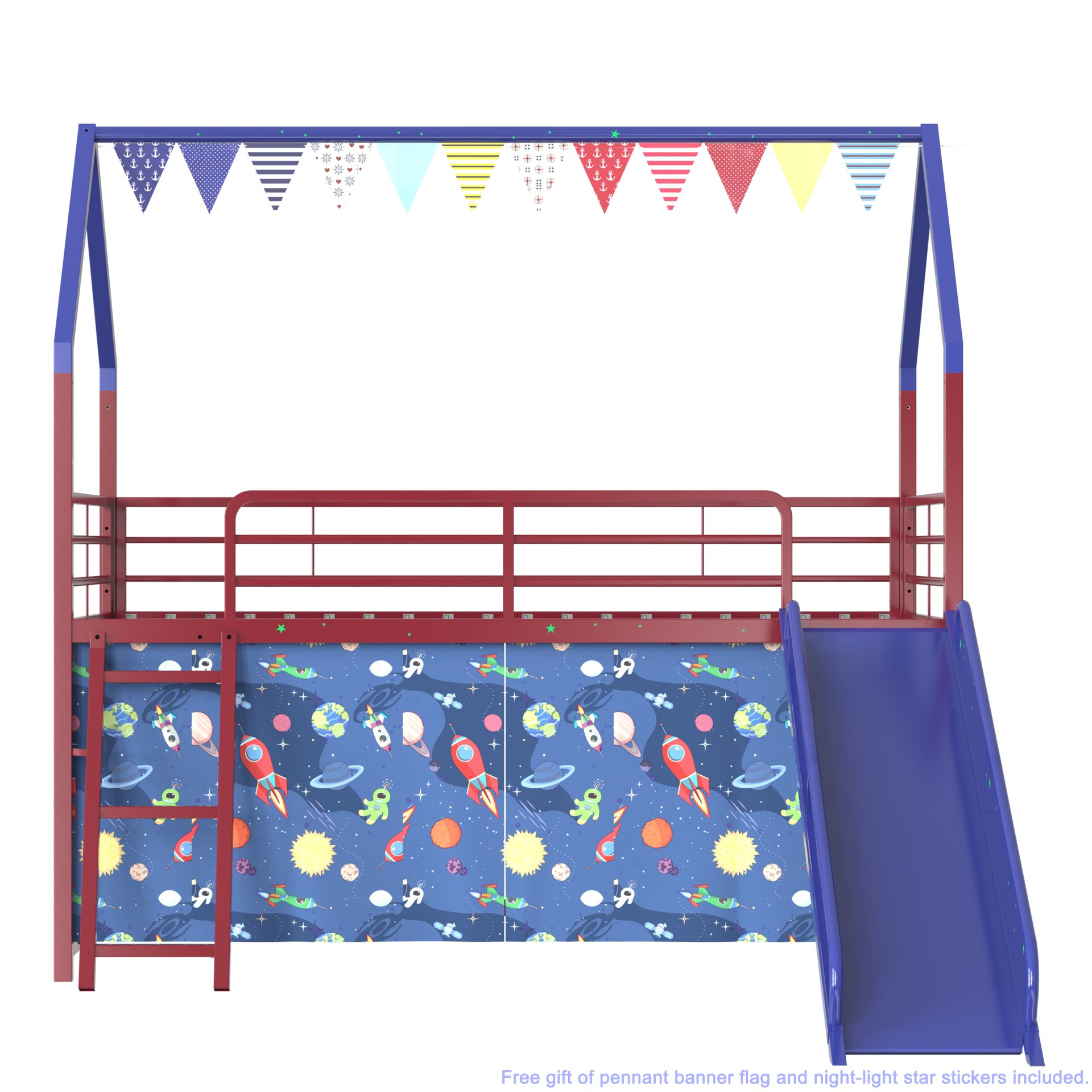 Jack - House Twin Loft Bed With Slide And Curtain Set, Superhero - Red / Blue - Image 10