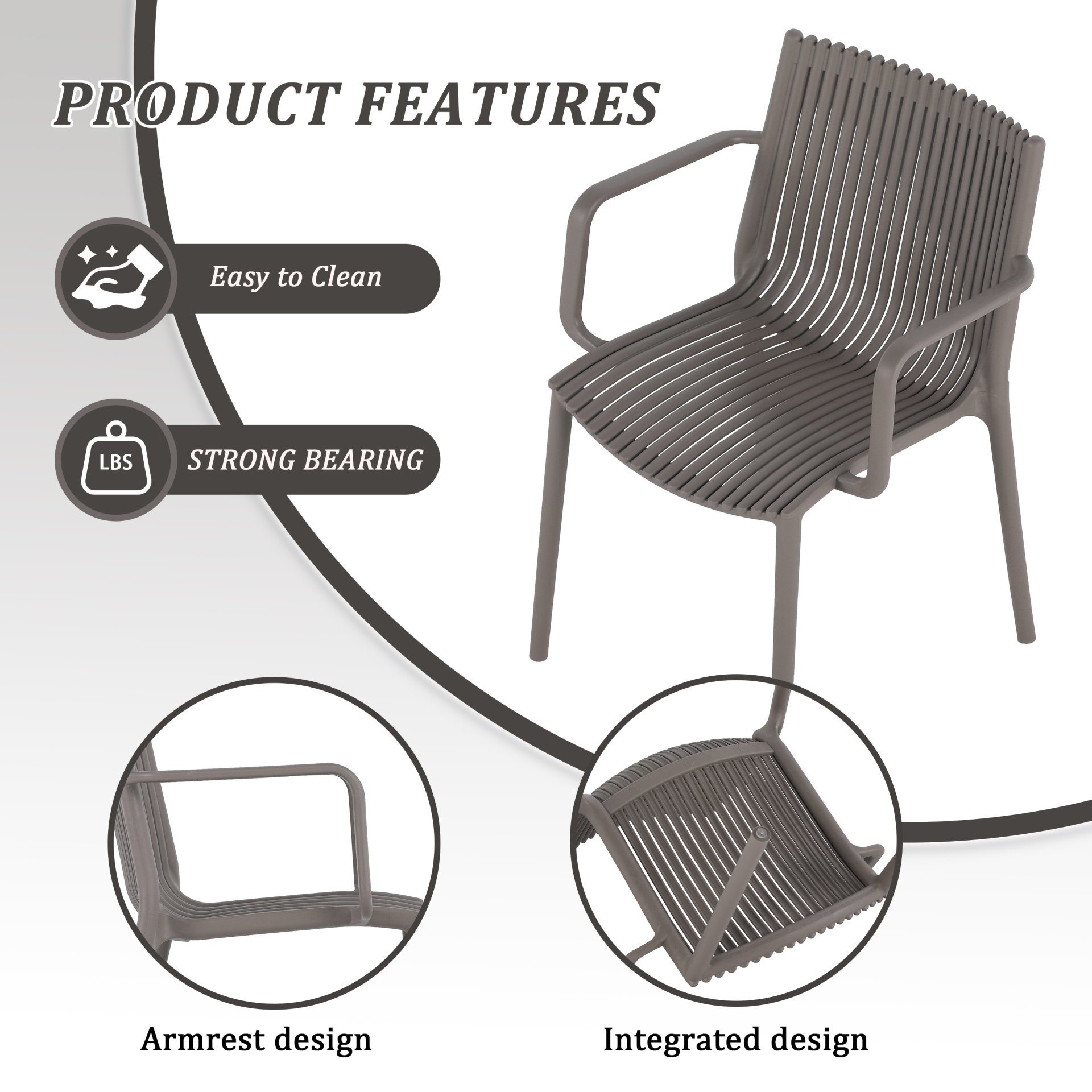 4 Piece Stackable Single Chairs With Vertical Stripe Design For All Weather - Warm Gray - Image 8