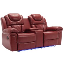 Home Theater Seating Manual Recliner Loveseat With Hide-Away Storage, Cup Holders And Led Light Strip For Living Room - Wind Red