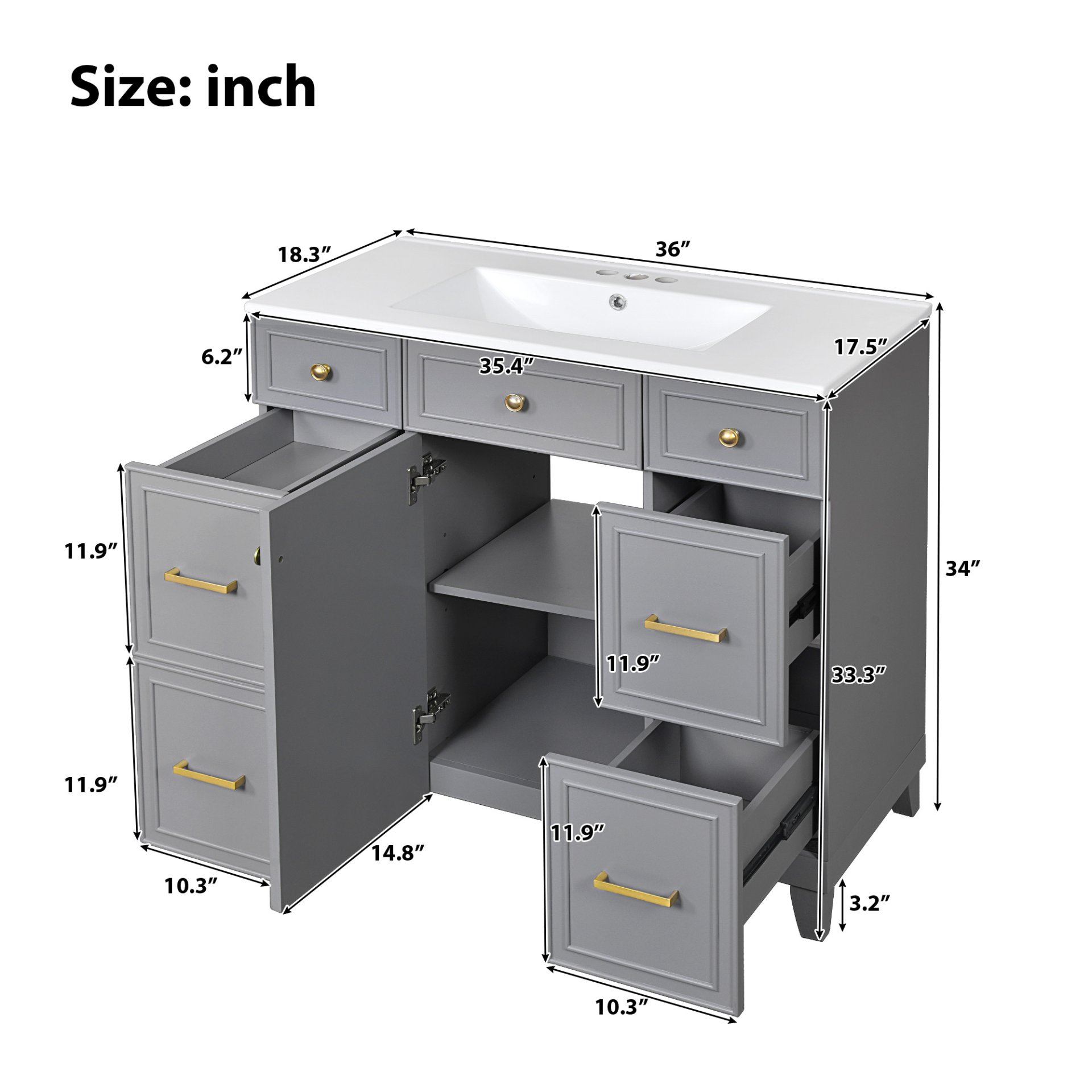 Bathroom Vanity With Sink, Soft Close Doors, Adjustable Shelves, 36" - Gray - Image 3