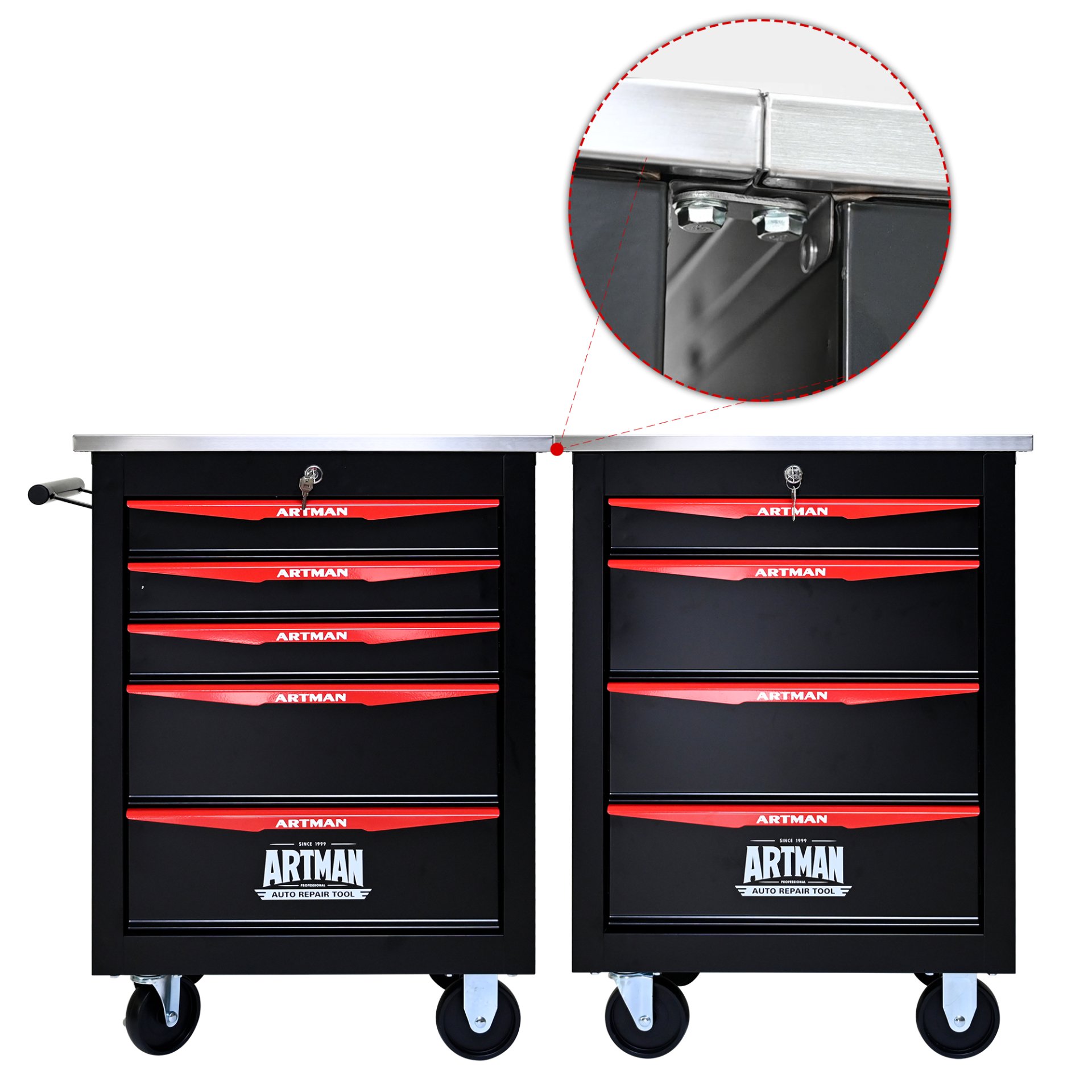 5 Drawer Multifunctional Tool Cart With Wheels, Metal Rolling Tool Cart Storage For Garage Workshop Warehouse Repair Shop With Stainless Steel Roof - Black / Red - Image 10