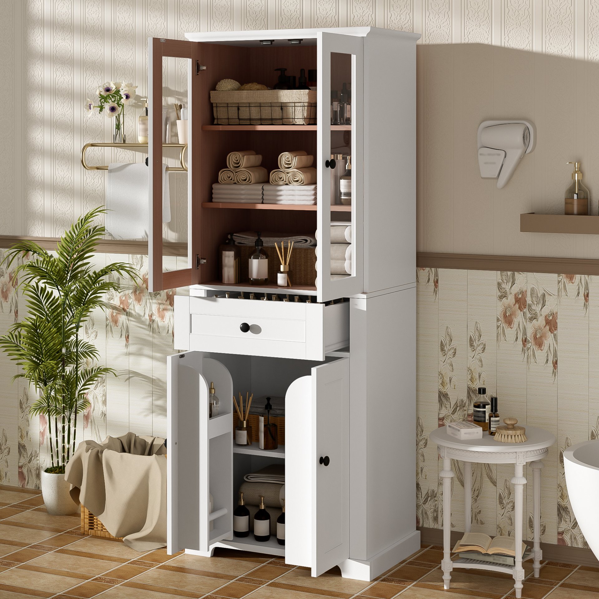 Bathroom Storage Cabinet, Adjustable Shelves & Drawer, Freestanding Linen Tower - White - Image 4