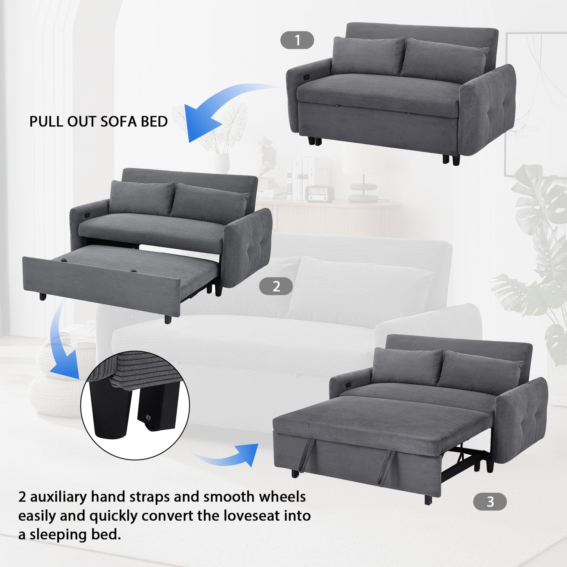 Pull Out Sofa Bed Convertible Couch 2 Seat Loveseat Sofa Modern Sleeper Sofa With 2 Throw Pillows And USB Ports For Living Room - Dark Gray - Image 5