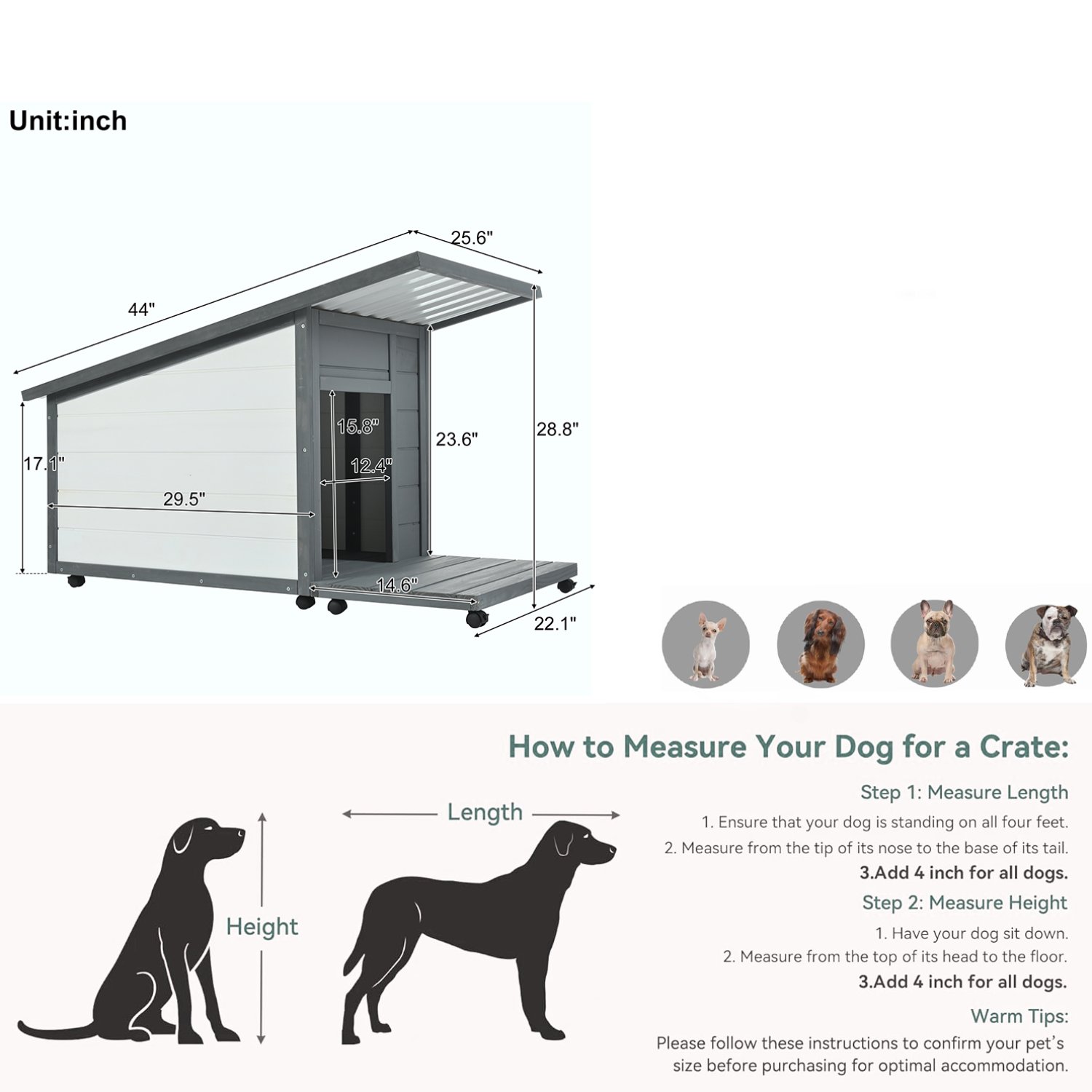 Modern Design Outdoor Dog House With Food Bowl And Wheels Pine - Gray / White - Image 3