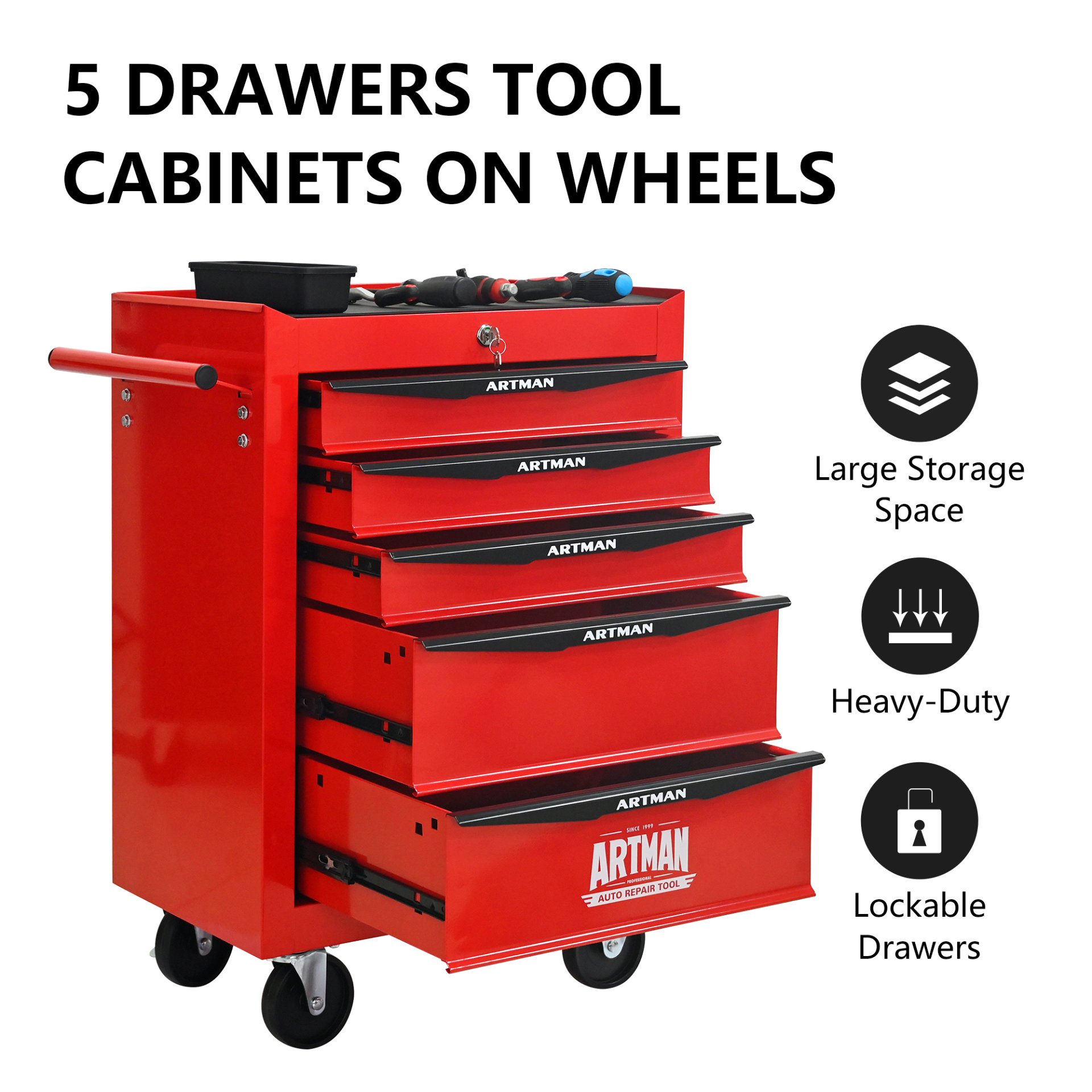 Rolling Metal Tool Chest With 5 Drawers, 20" Steel Storage Cabinet With Ball Bearing Slides - Red / Black - Image 4