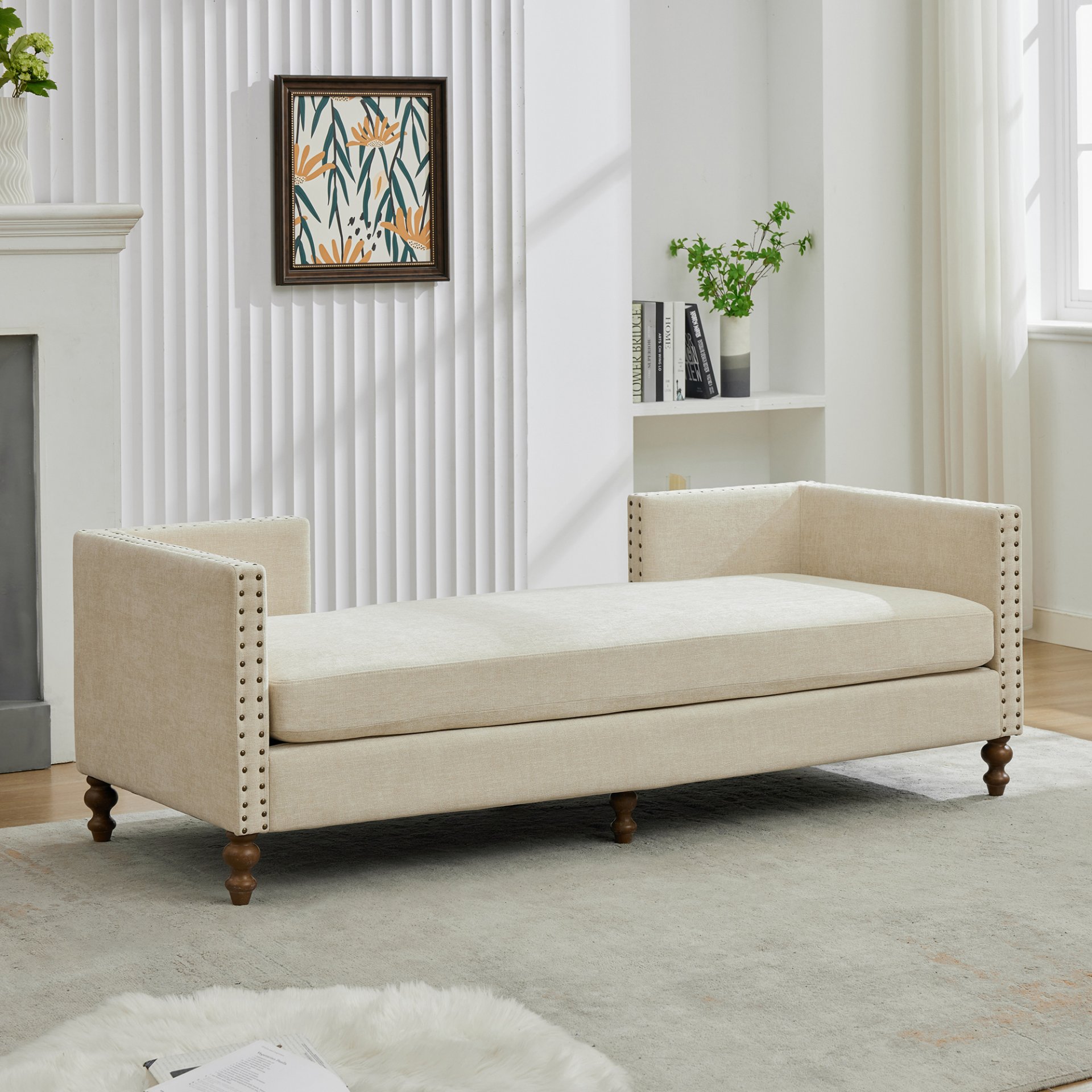 Chenille Upholstered Chaise Lounge With Nailheads, Sleeper Sofa Couch With 4 Throw Pillows & 2 Bolsters, Daybed With Rubberwood Legs - Beige - Image 13
