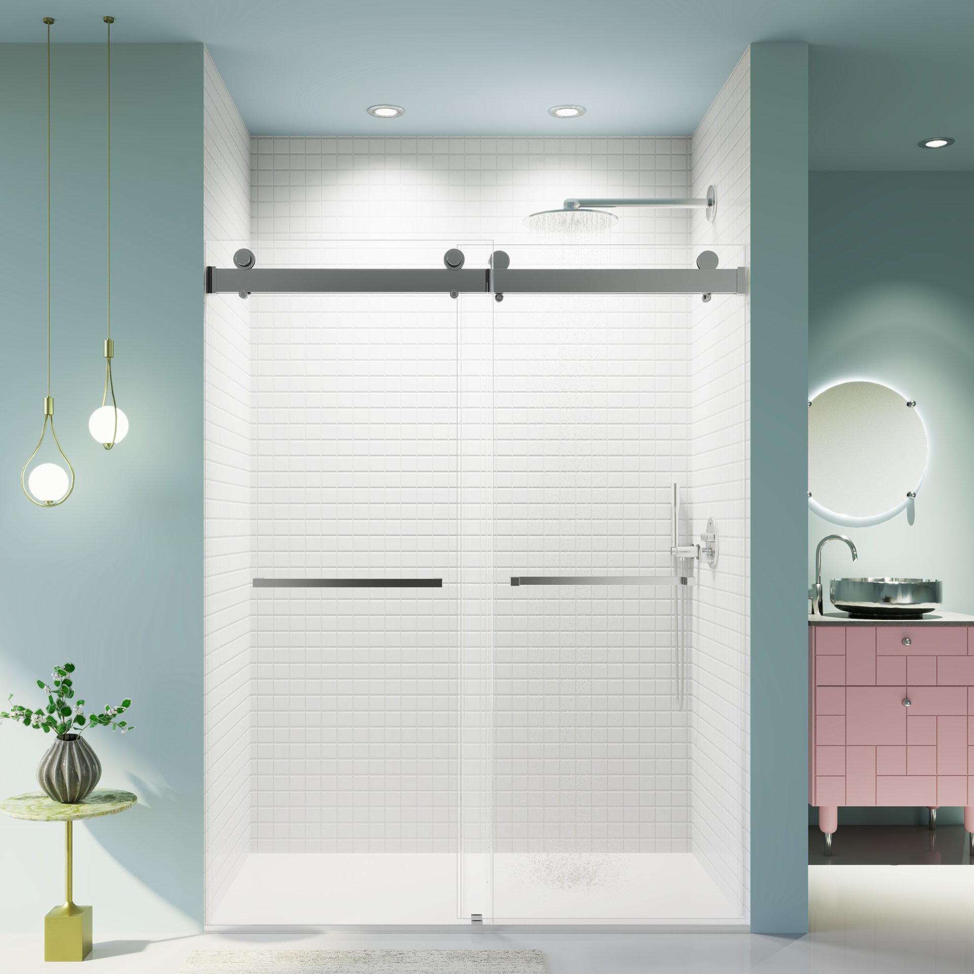 Frameless Double Sliding Soft Close Shower Door - Chrome - Image 2