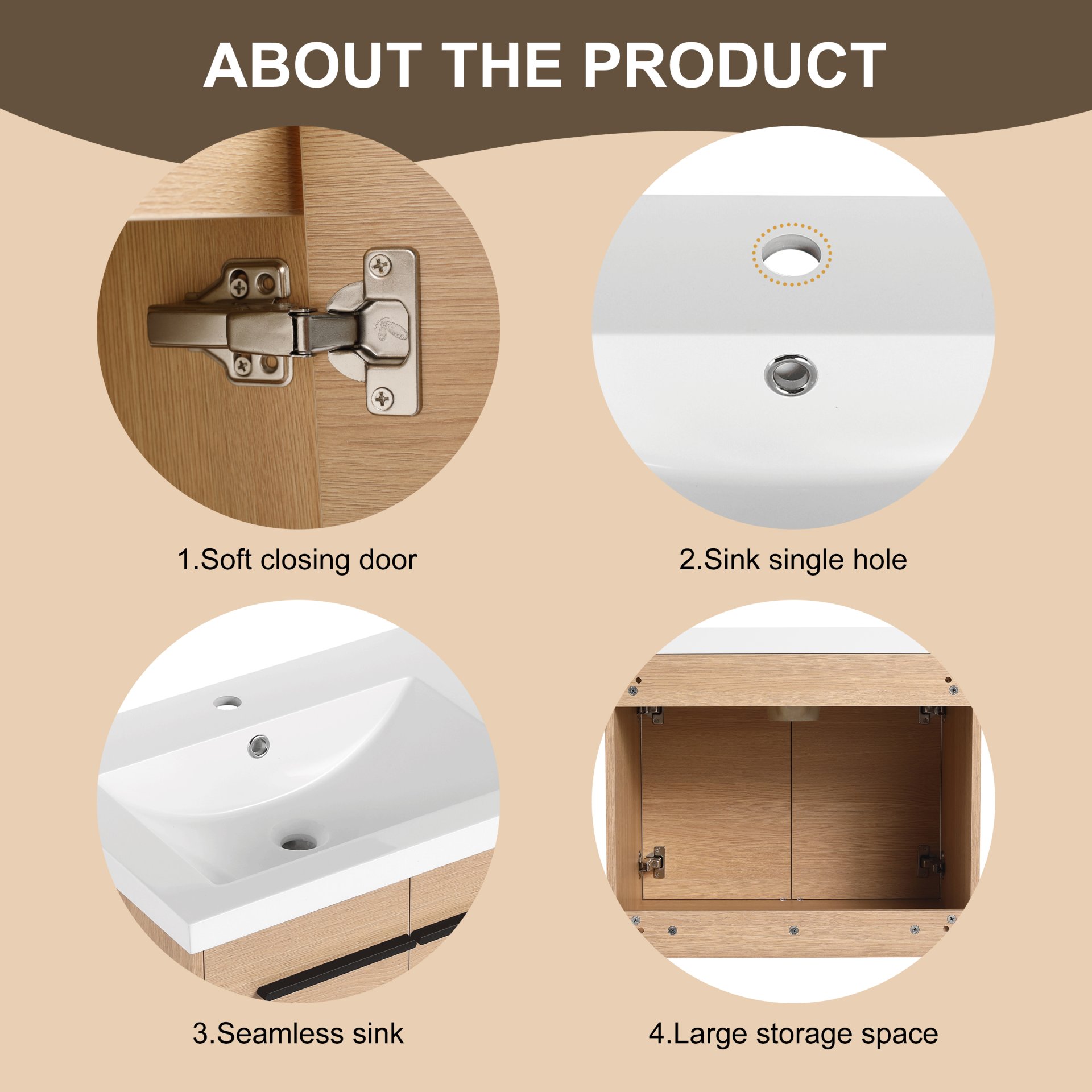 Bathroom Vanity With Resin Countertop Sink, 30" 2 Doors Cabinet Set - Oak - Image 8