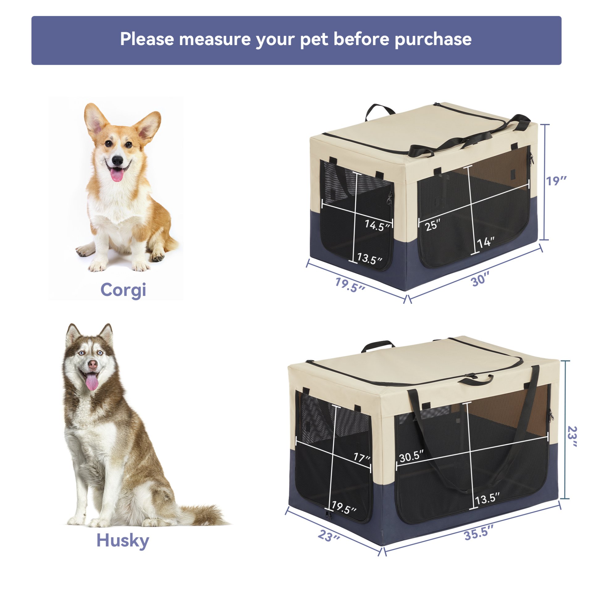 Dog Crates For Dogs, Adjustable Cover By Spiral Iron Pipe, Strengthen Sewing Dog Travel Crate, 3 Door Design - White / Blue - Image 3