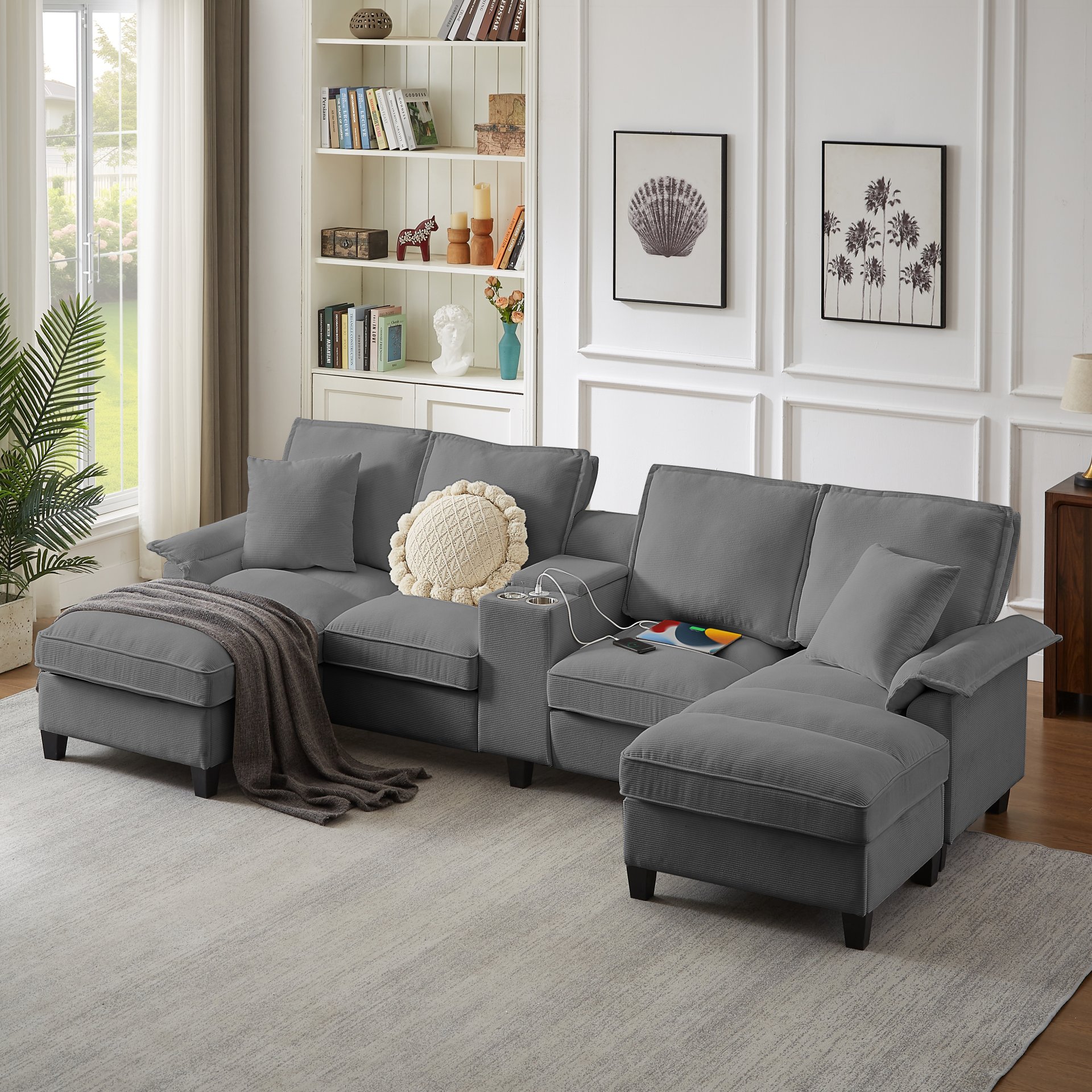 U Shaped Sectional Sofa Bed With Storage, 4 Seater, Features Cup Holders And Soft Foam Cushions - Gray - Image 2